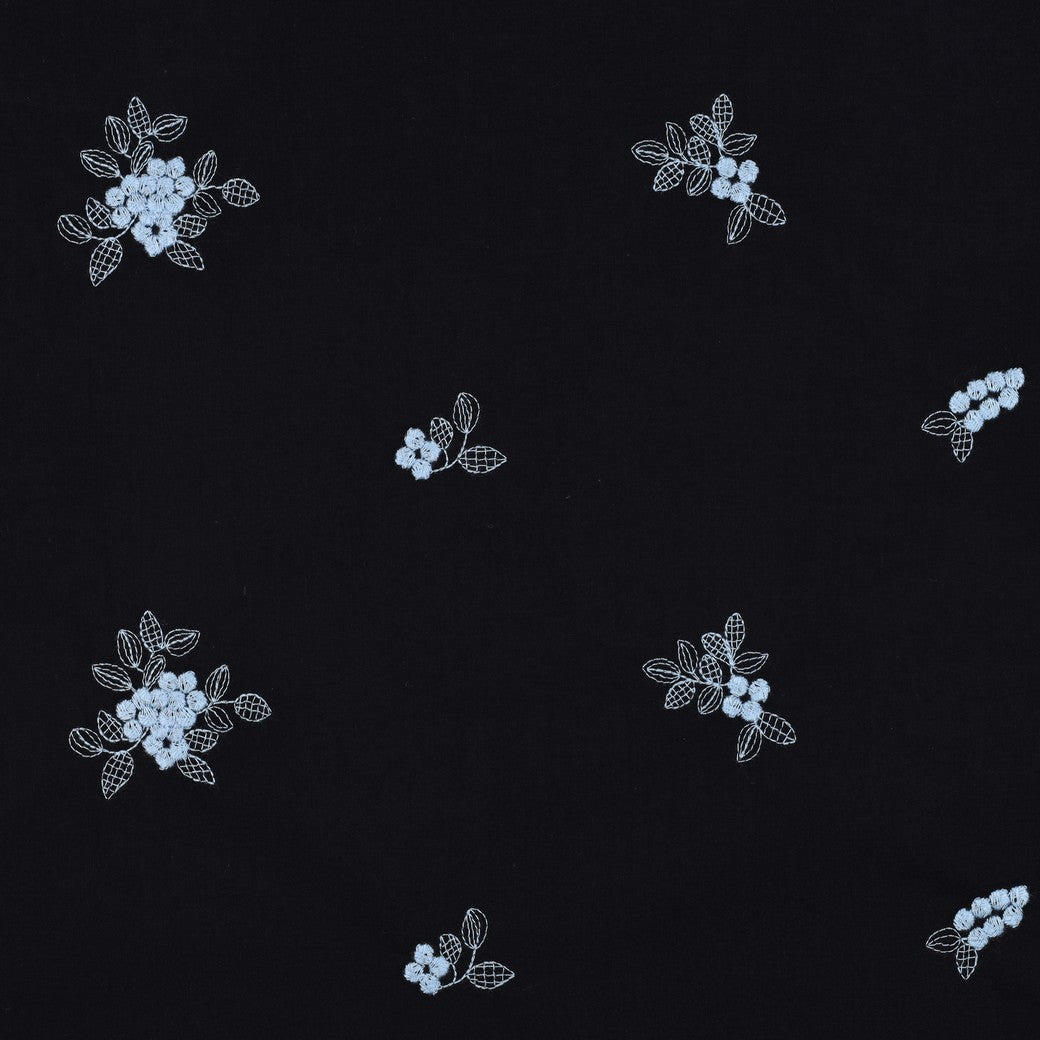 Embroidered Blue Flowers on Navy Cotton Fabric