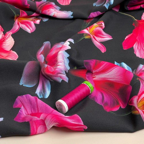 Fuchsia Blooms on Black Viscose Fabric