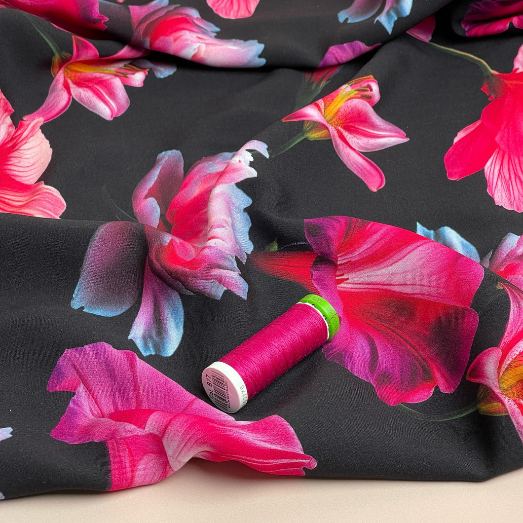 Fuchsia Blooms on Black Viscose Fabric