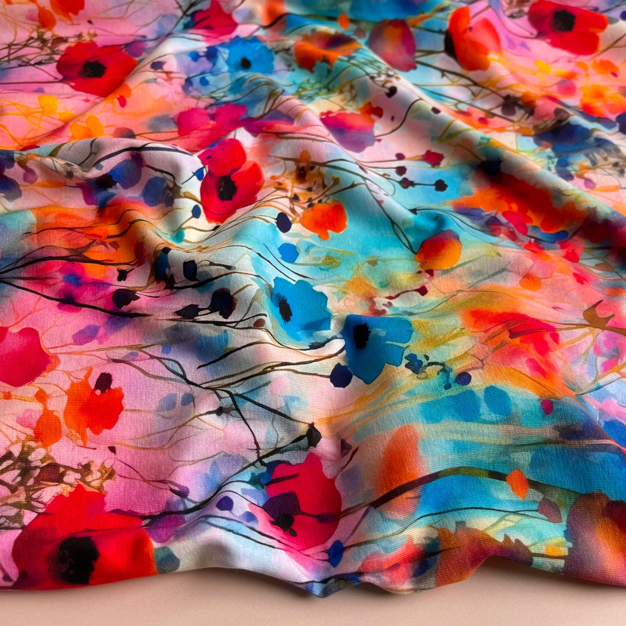 PRE-ORDER (more due by mid November) Danish Design -Vibrant Watercolour Blooms Cotton Jersey Fabric