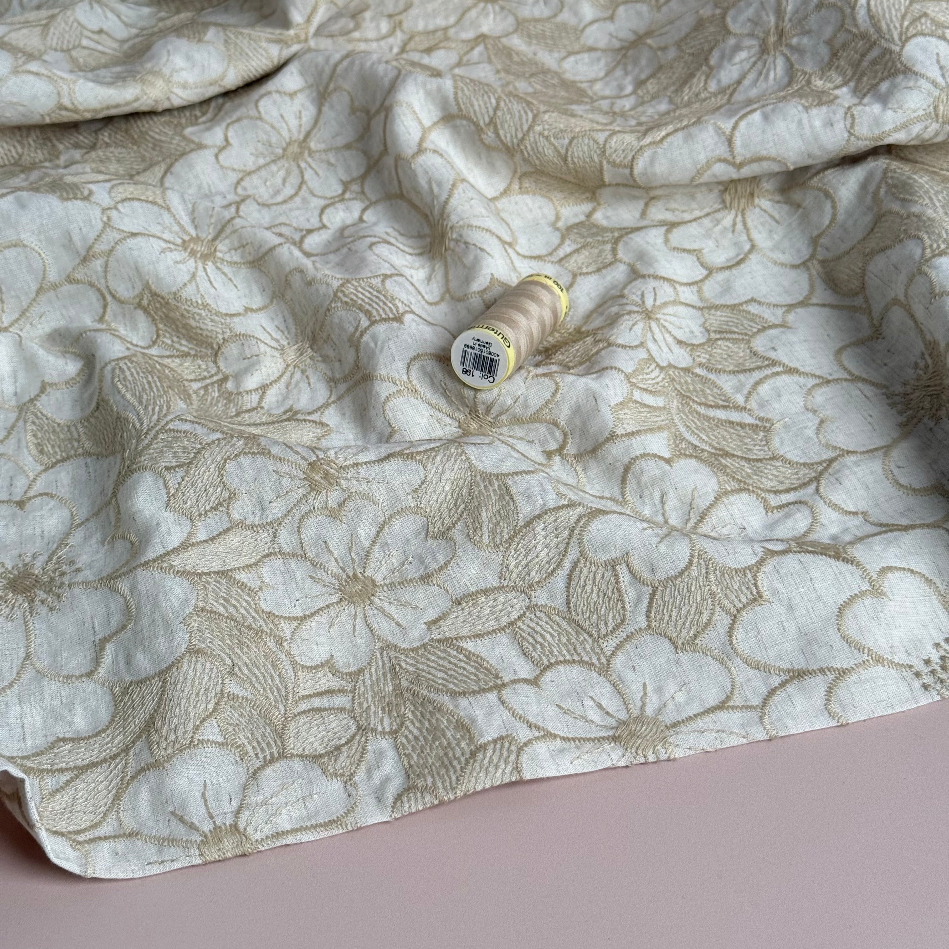 PRE-ORDER (arriving by end of May) Embroidered Flowers on Natural Cotton Fabric