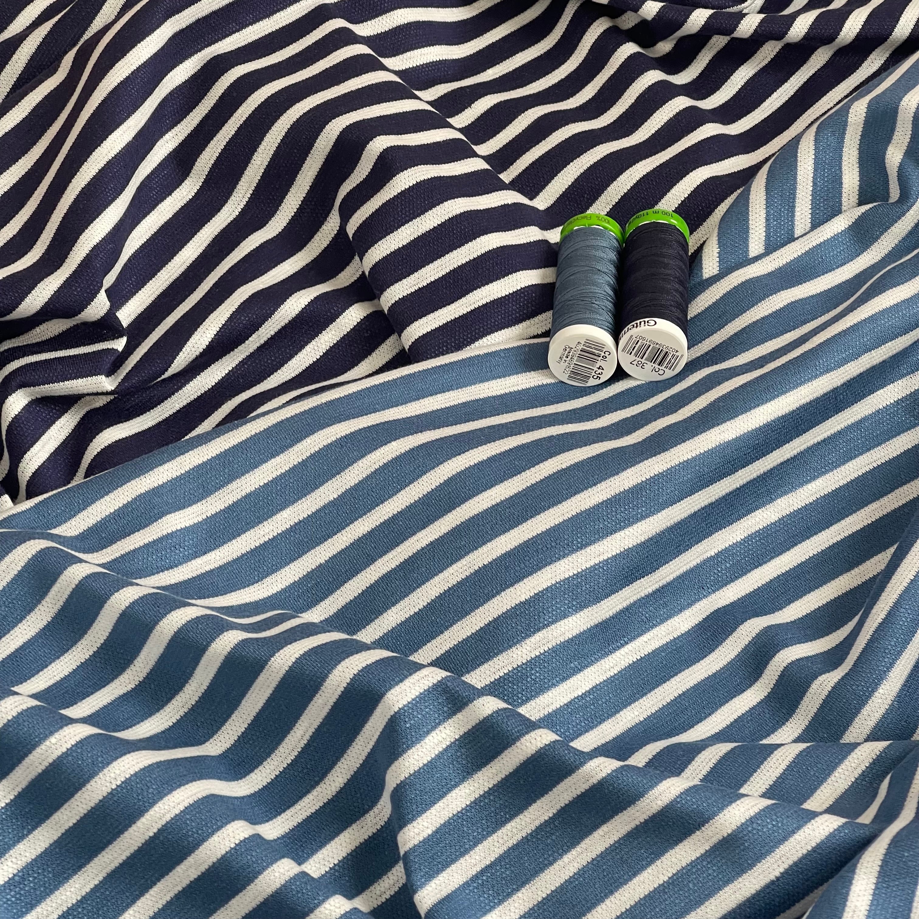 Ex-Designer Deadstock - Italian Linen Cotton blend jersey in Navy & White Stripes