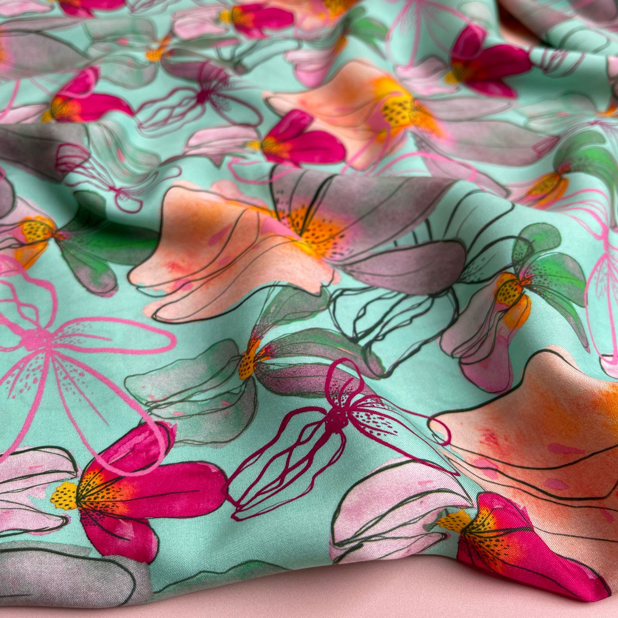 Nerida Hansen - Spring Blooms on Turquoise Viscose with LENZING™ ECOVERO™ fibres