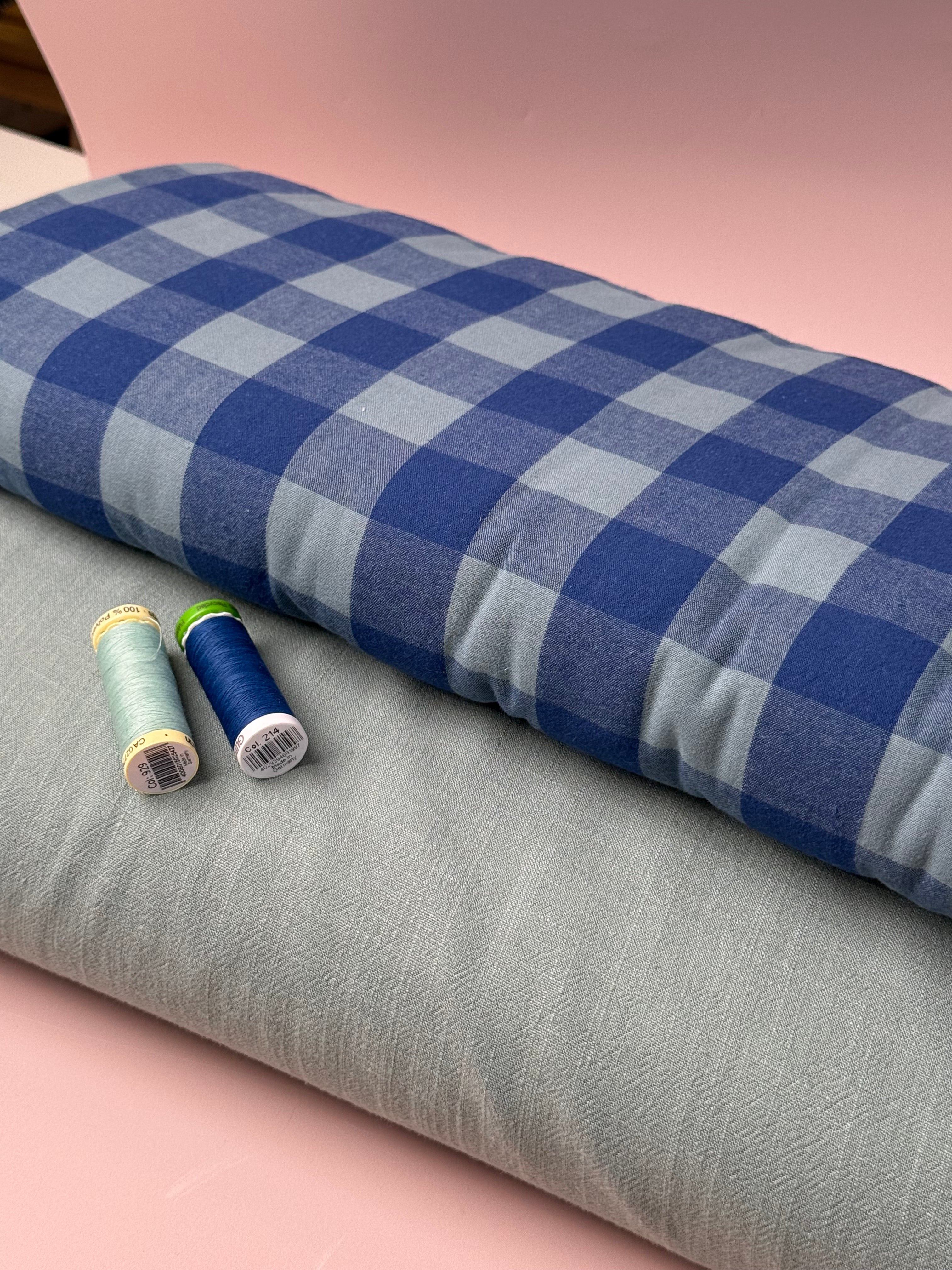 Yarn Dyed Washed Cotton Check Fabric in Blue and Sage Green