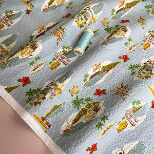 Paradise Islands on Duck Egg Cotton Seersucker Fabric