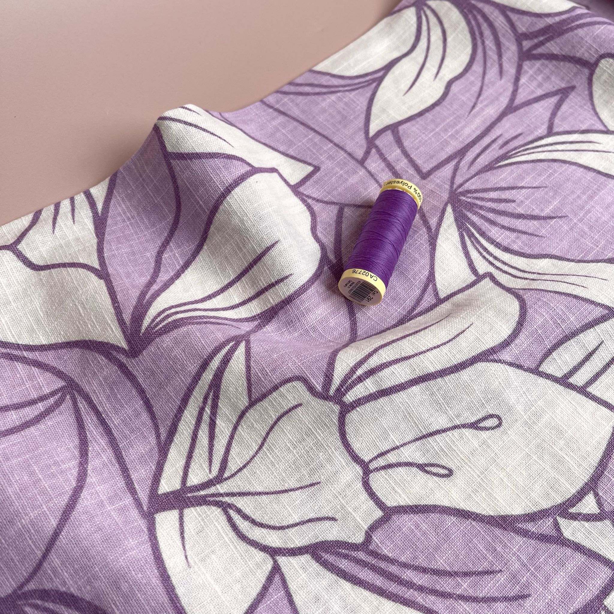 Lilac Leaves on Pure Washed Linen Cotton Fabric