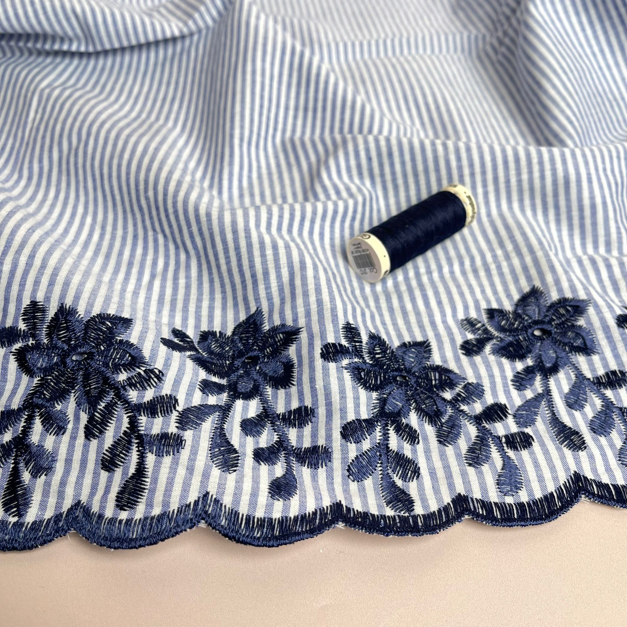 Embroidered Scalloped Flowers on Blue Striped Cotton Fabric