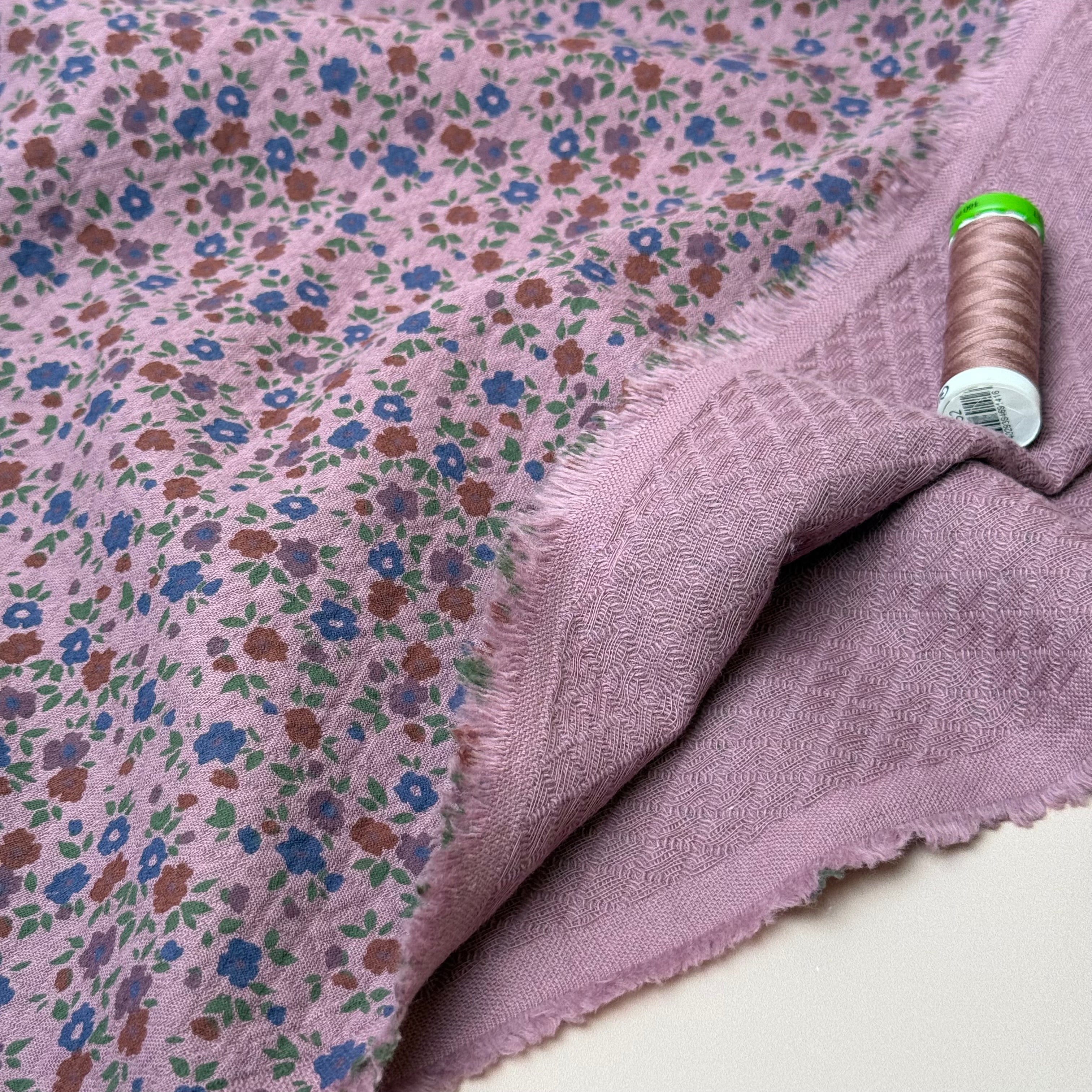 Ditsy Blue Flowers Mauve Cotton Diamond Jacquard Fabric