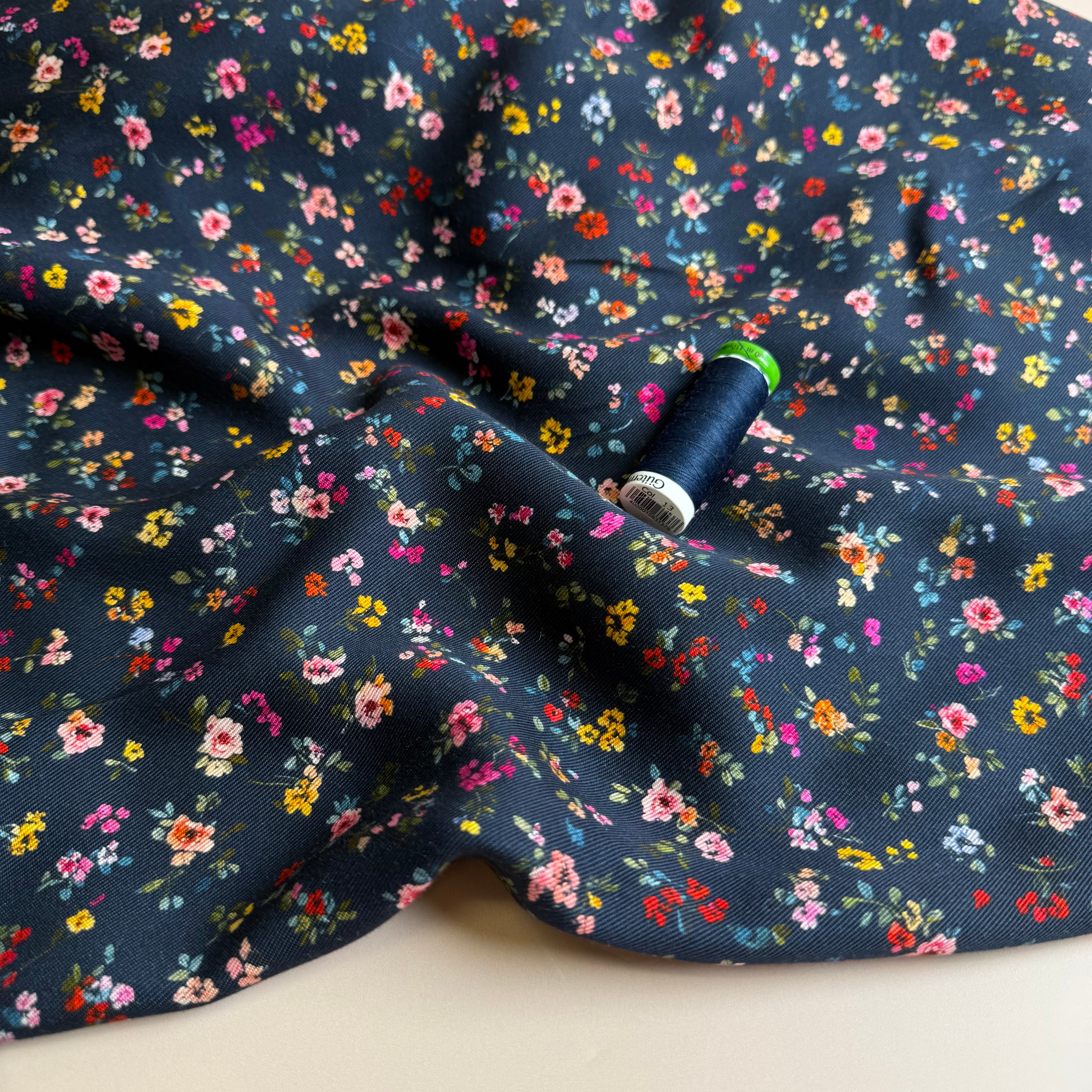 Ditsy Flowers Navy Lyocell Twill Fabric