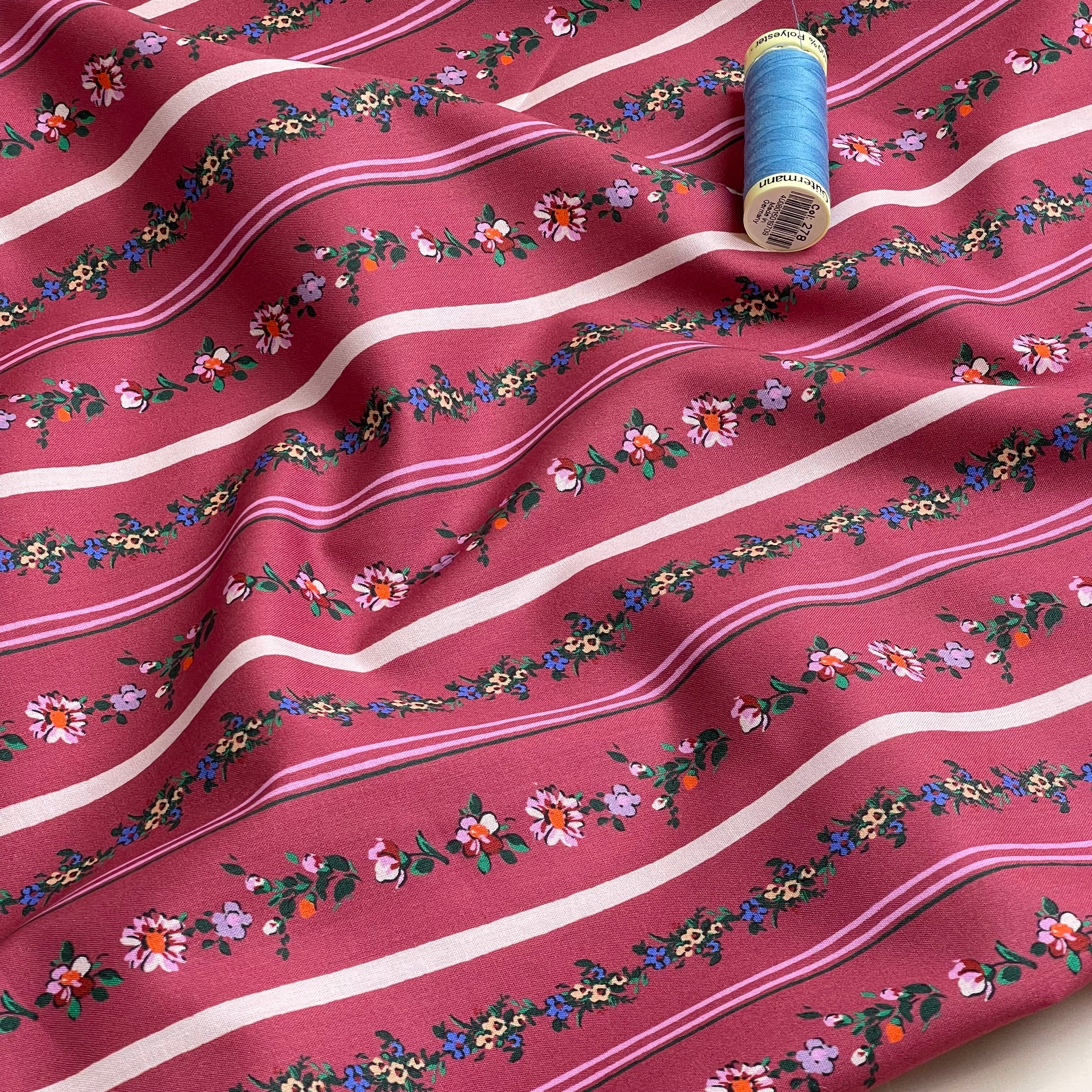 Floral Stripes on Burgundy Fine Cotton Poplin Fabric
