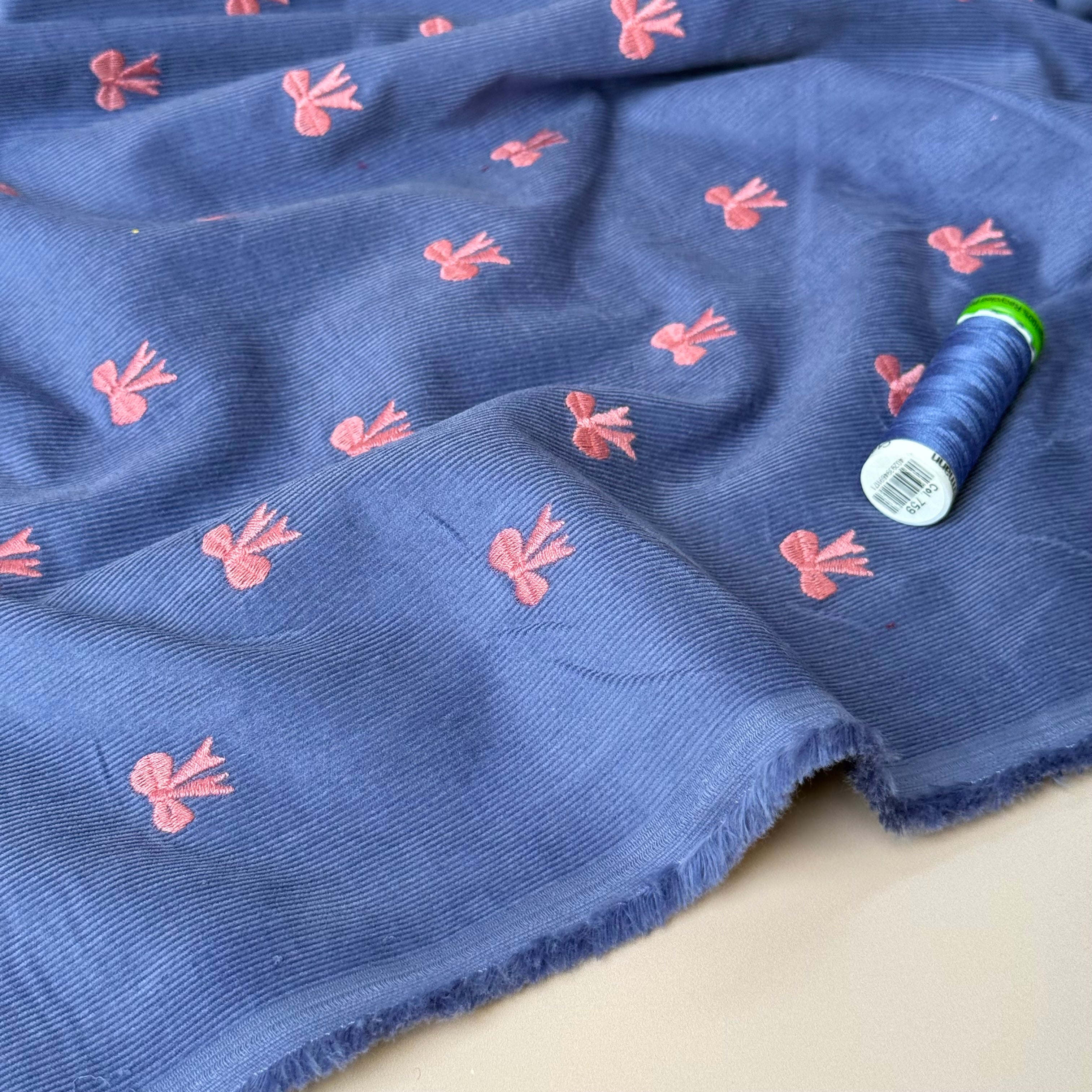 Embroidered Bows on Cornflower Blue Cotton Needlecord
