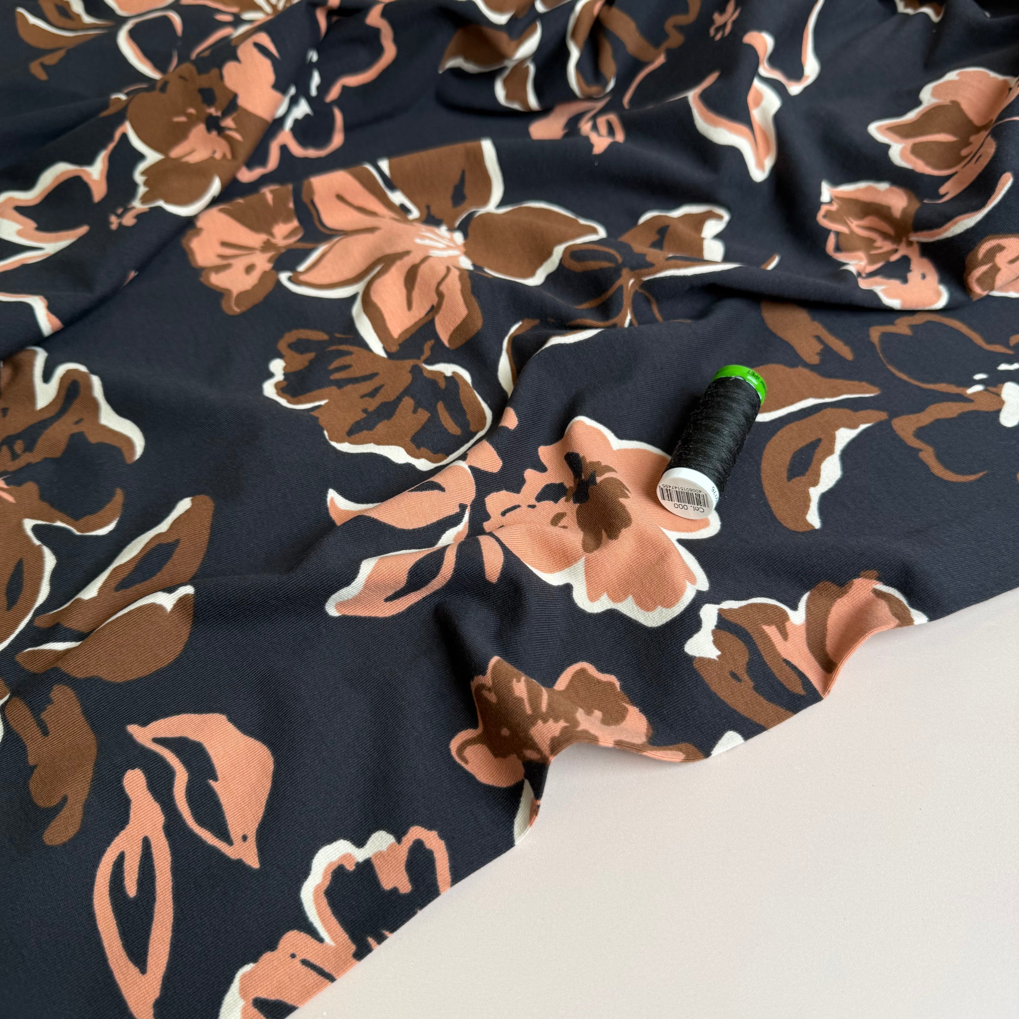 Painted Large Flowers on Black Cotton Jersey Fabric