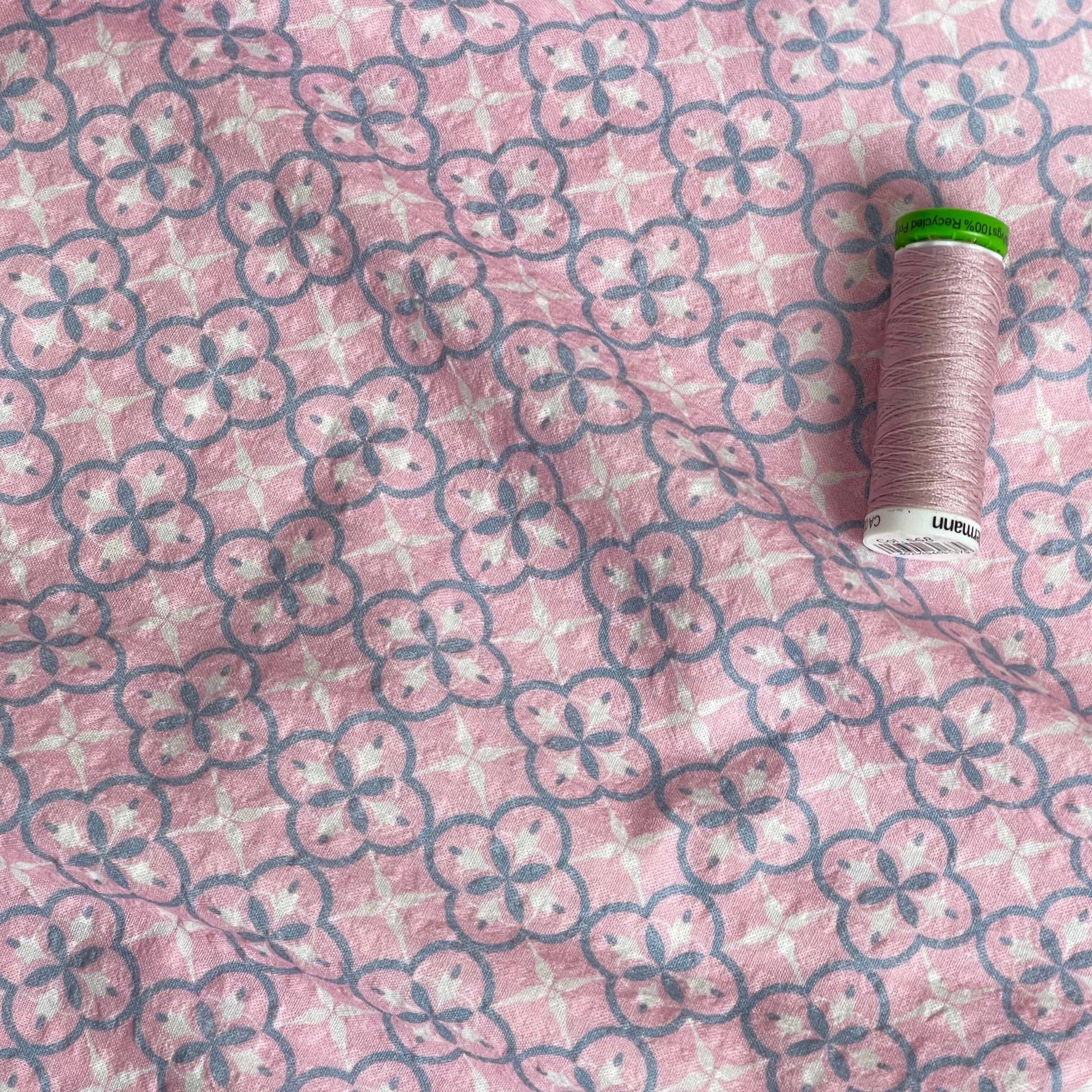 Tiles on Pink Bubble Stripes Cotton Seersucker Fabric