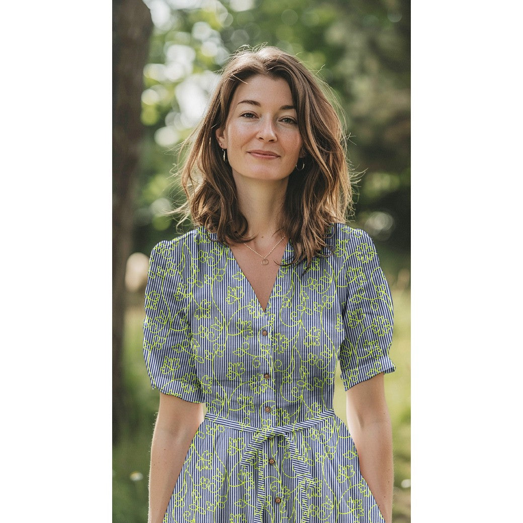 Embroidered Neon Vines on Stripe Cotton Fabric