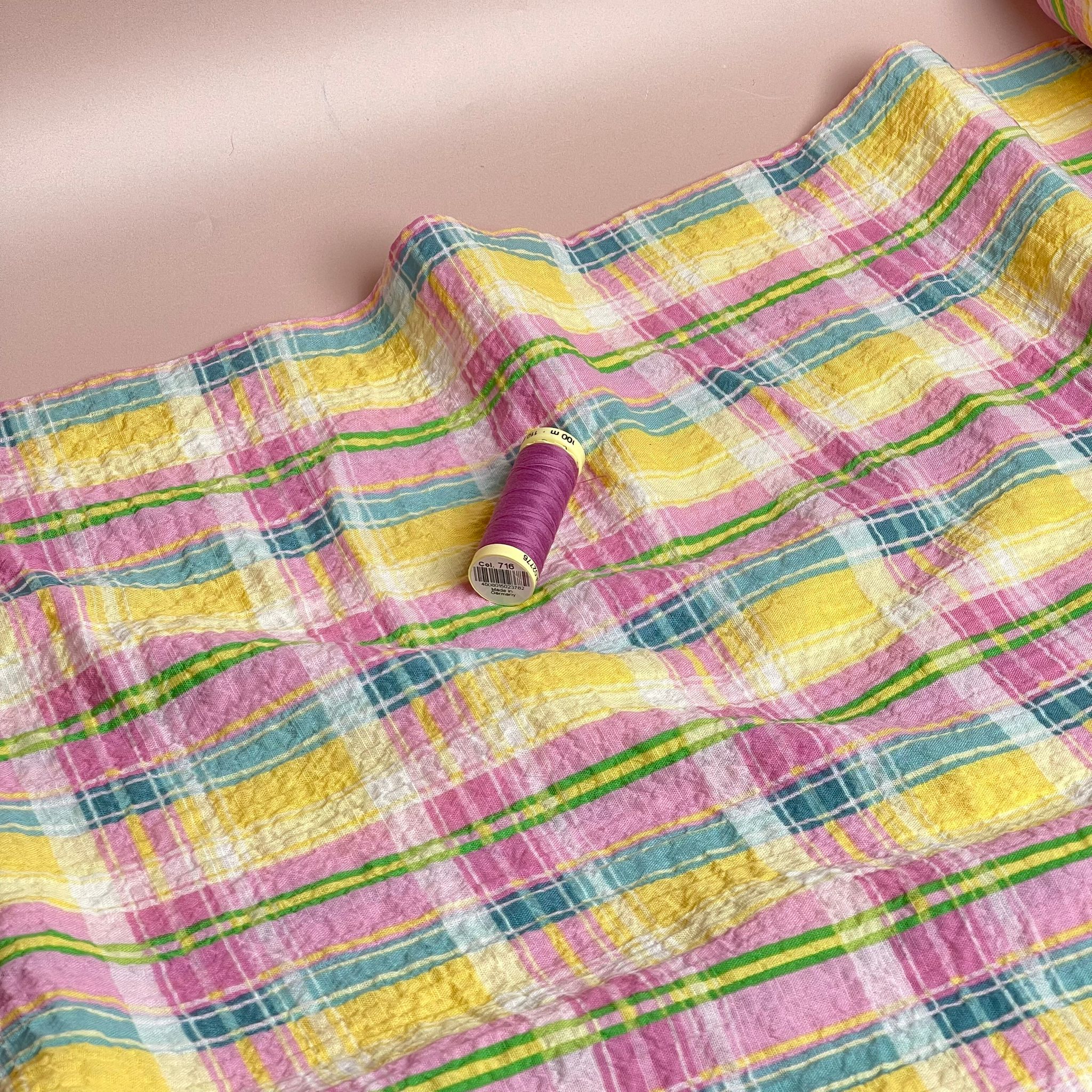 Ex-Designer Deadstock Rainbow Check Cotton Seersucker Fabric