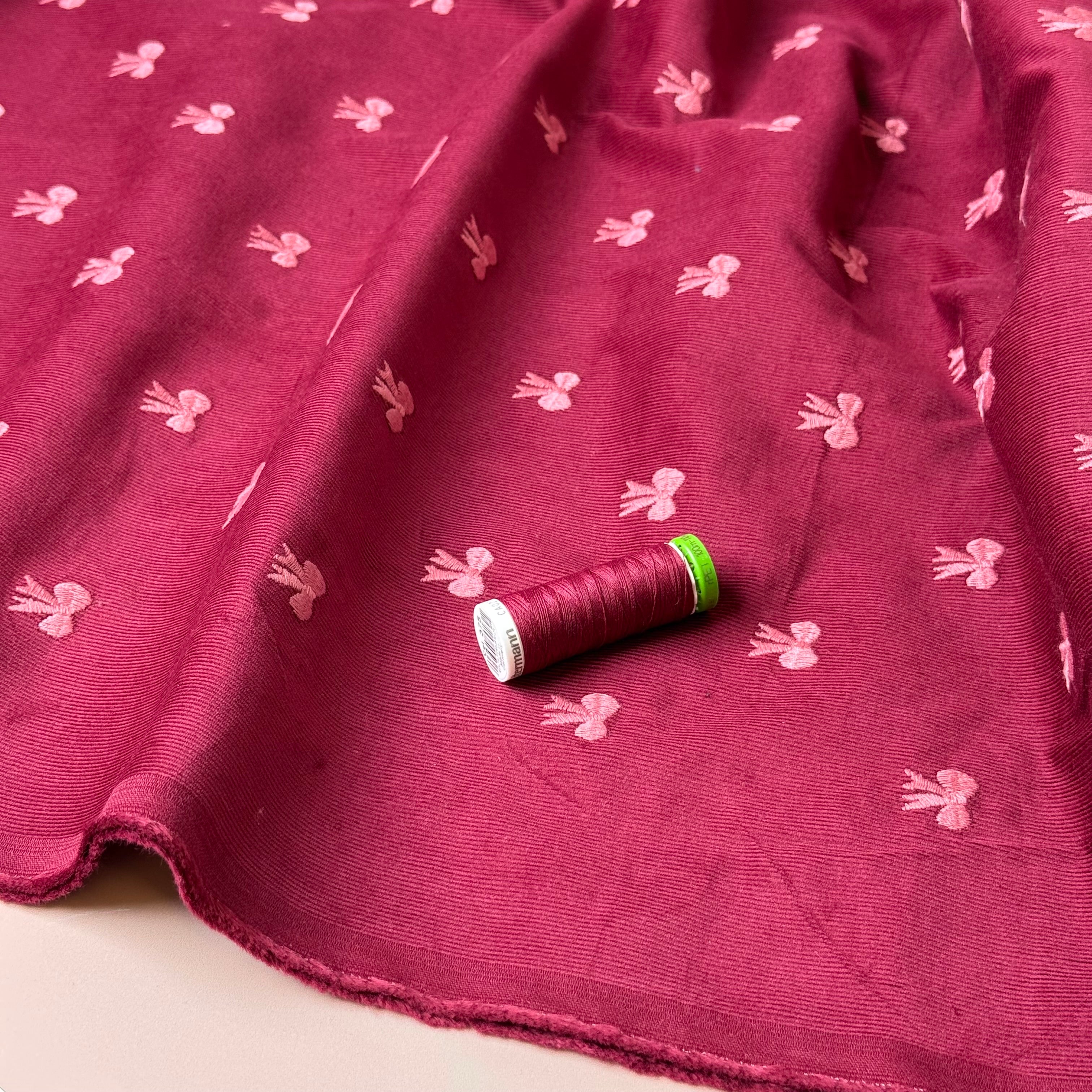 Embroidered Bows on Bordeaux Cotton Needlecord