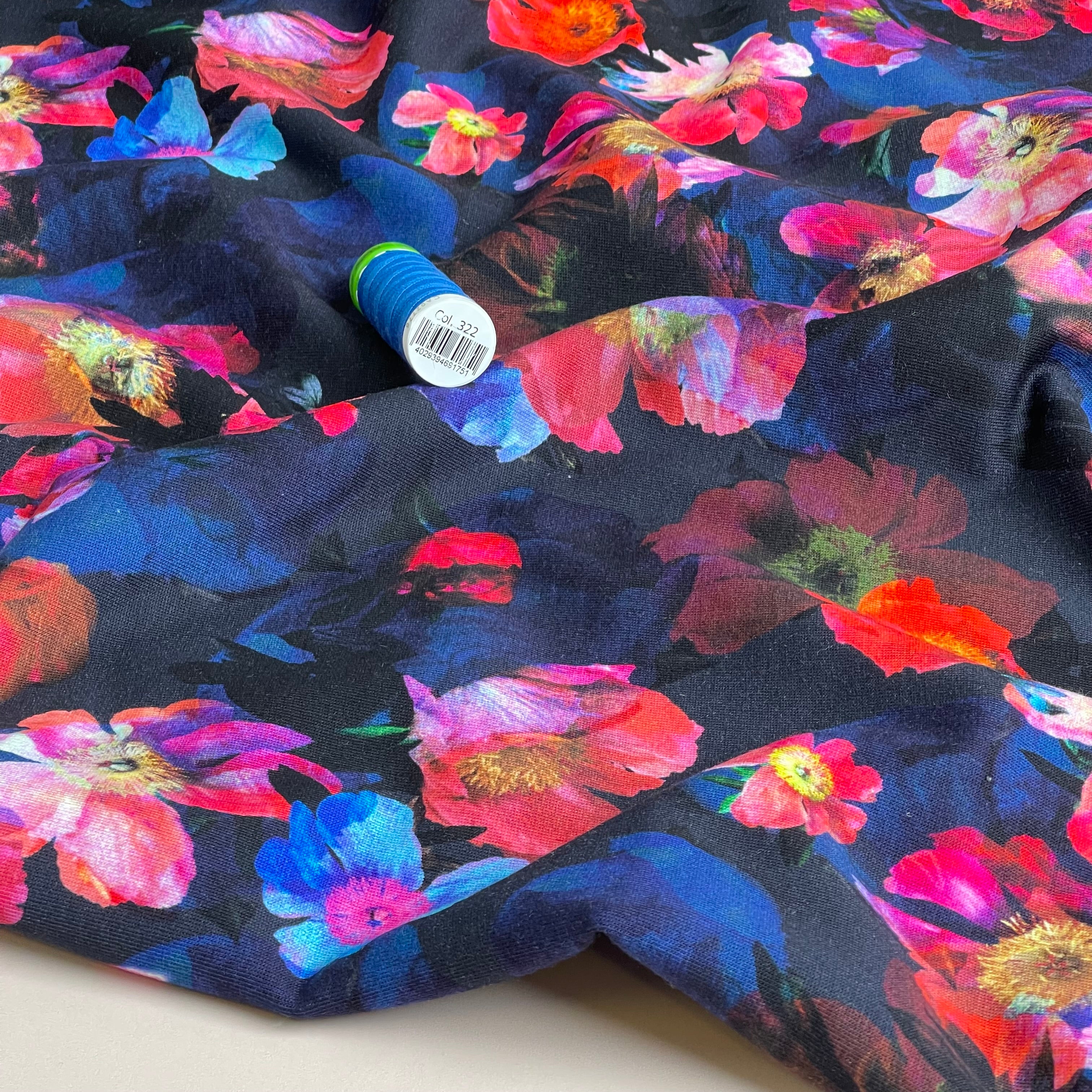 Winter Flowers Dark Navy Cotton Sweat-shirting Fabric