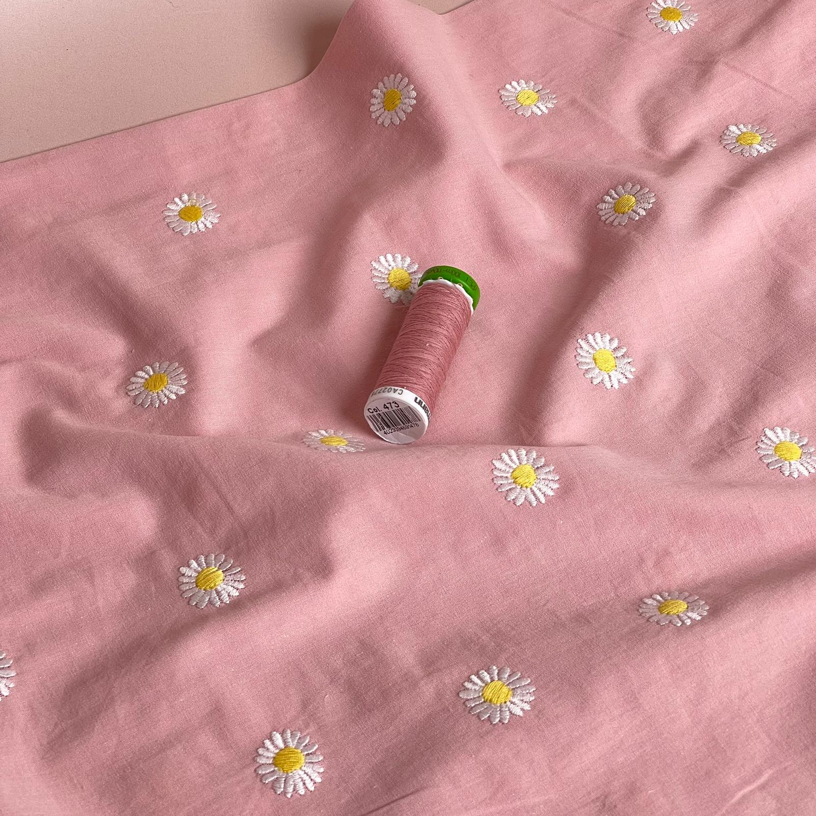 Embroidered Daisies on Pink Cotton Poplin