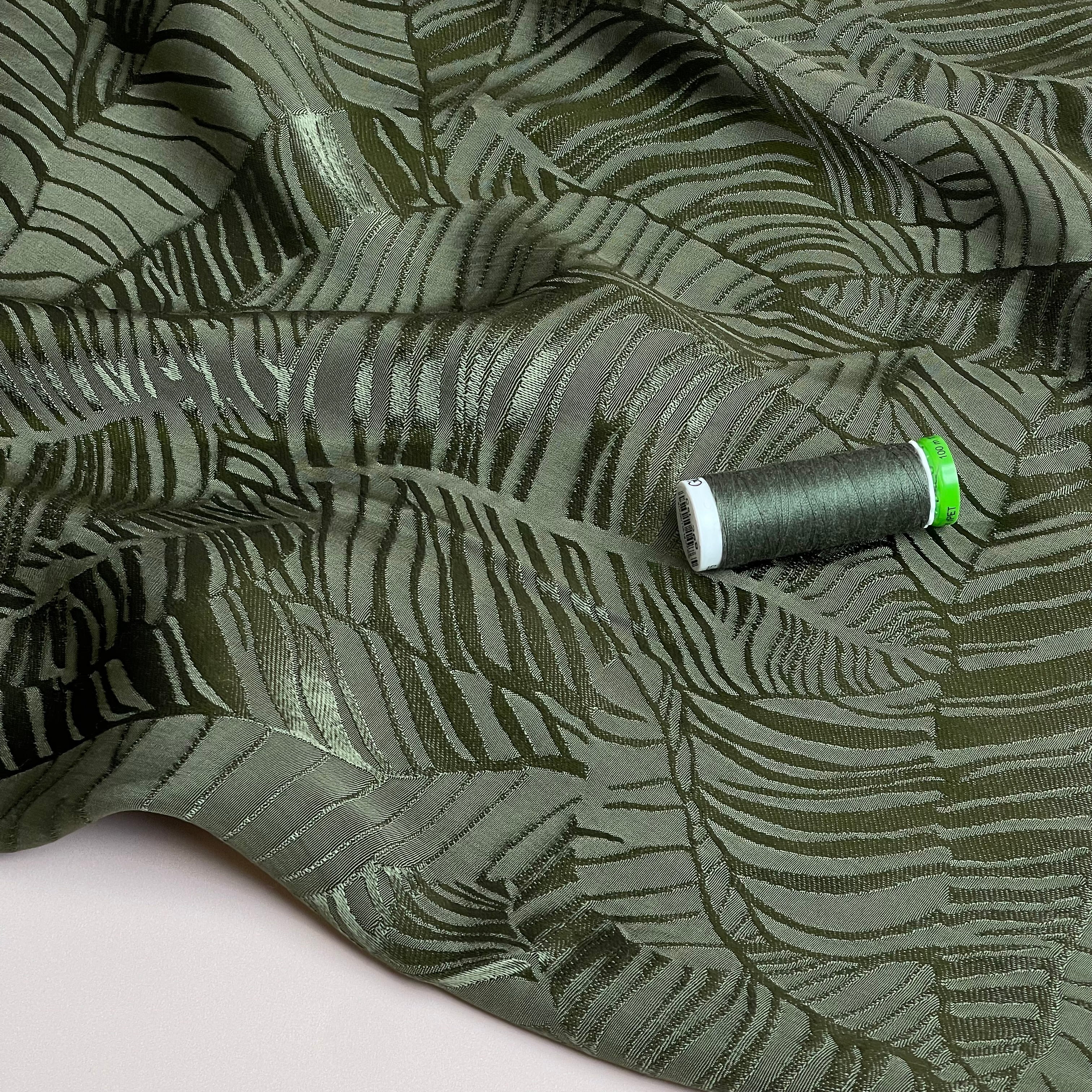 Leaves in Khaki Viscose Jacquard Sateen