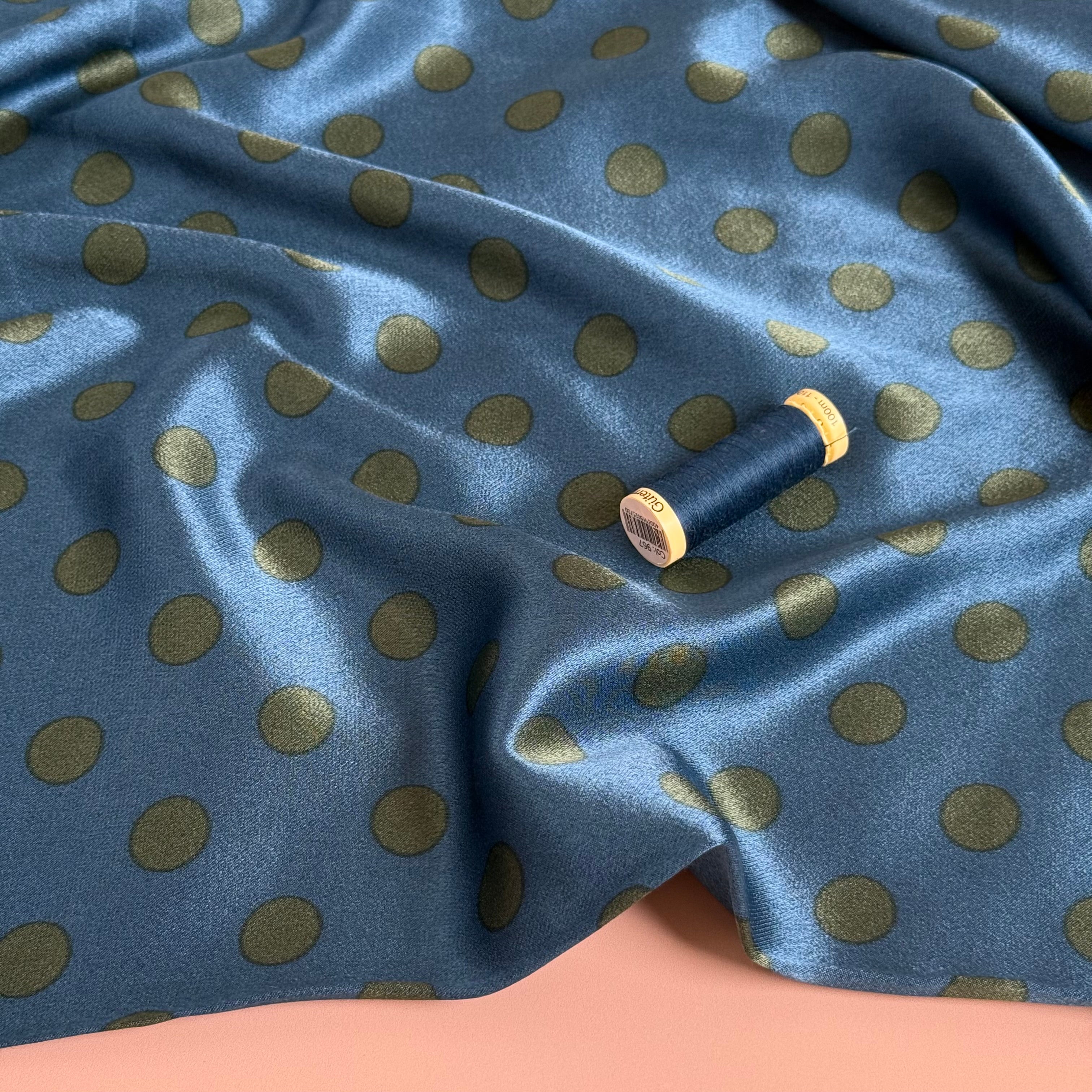 Polka Green on Petrol Spun Viscose Sateen Fabric