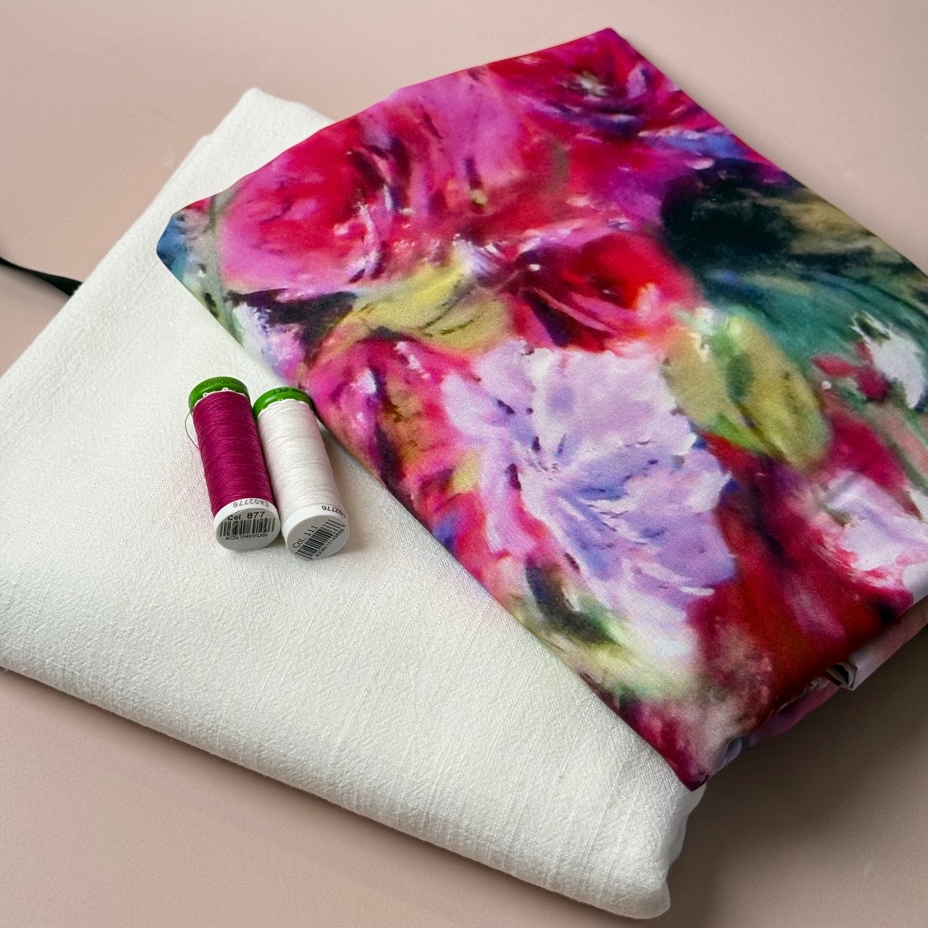 Make an Outfit Colour Bundle - Abstract Watercolour Florals Viscose with Off-White Flow Linen Blend