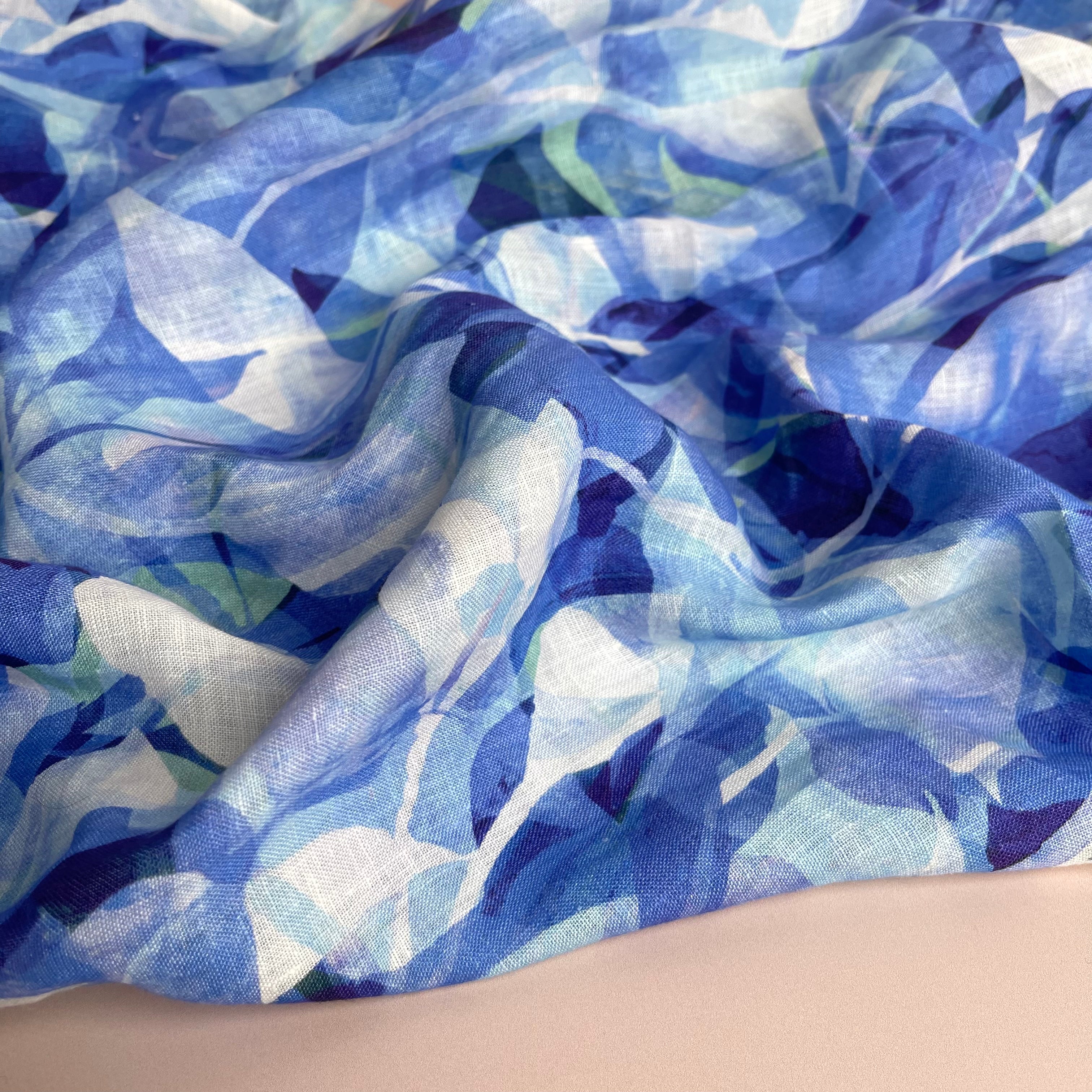 REMNANT 0.69 Metre - Summer Party - Painted Foliage Ocean Pure Linen