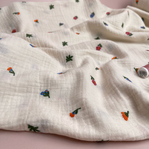 Embroidered Ditsy Florals on Off-White Cotton Double Gauze