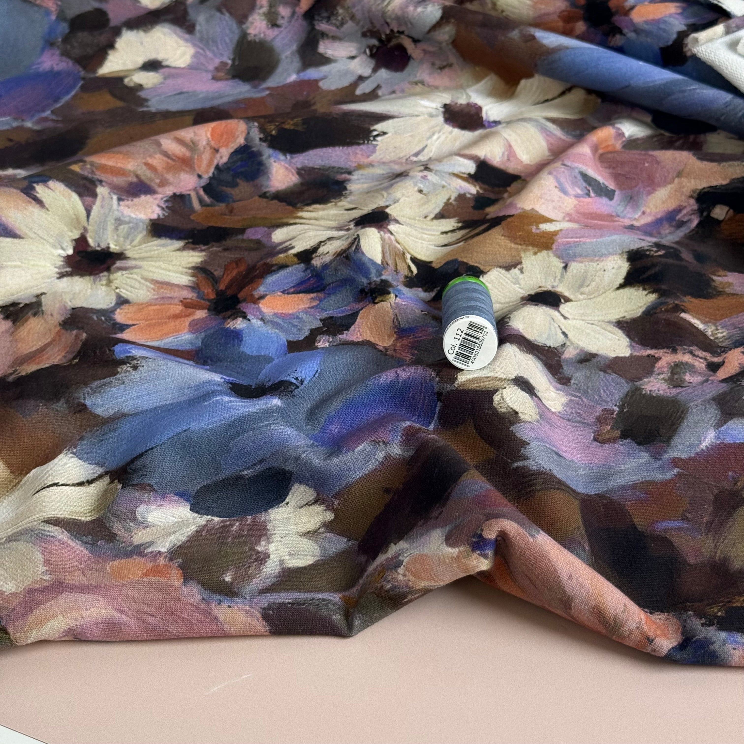 Painted Florals Brown Cotton French Terry Fabric