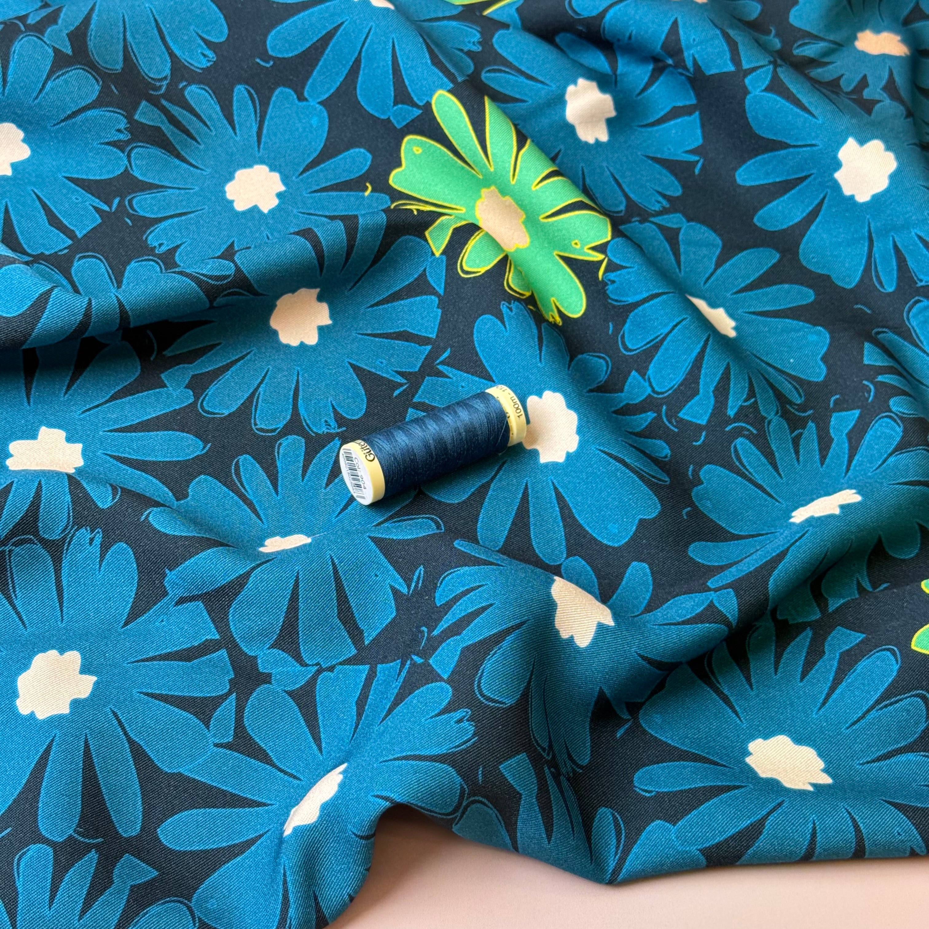 REMNANT 1.6 Metres - Light & Lush - Petrol Blue Daisies Viscose Twill Fabric