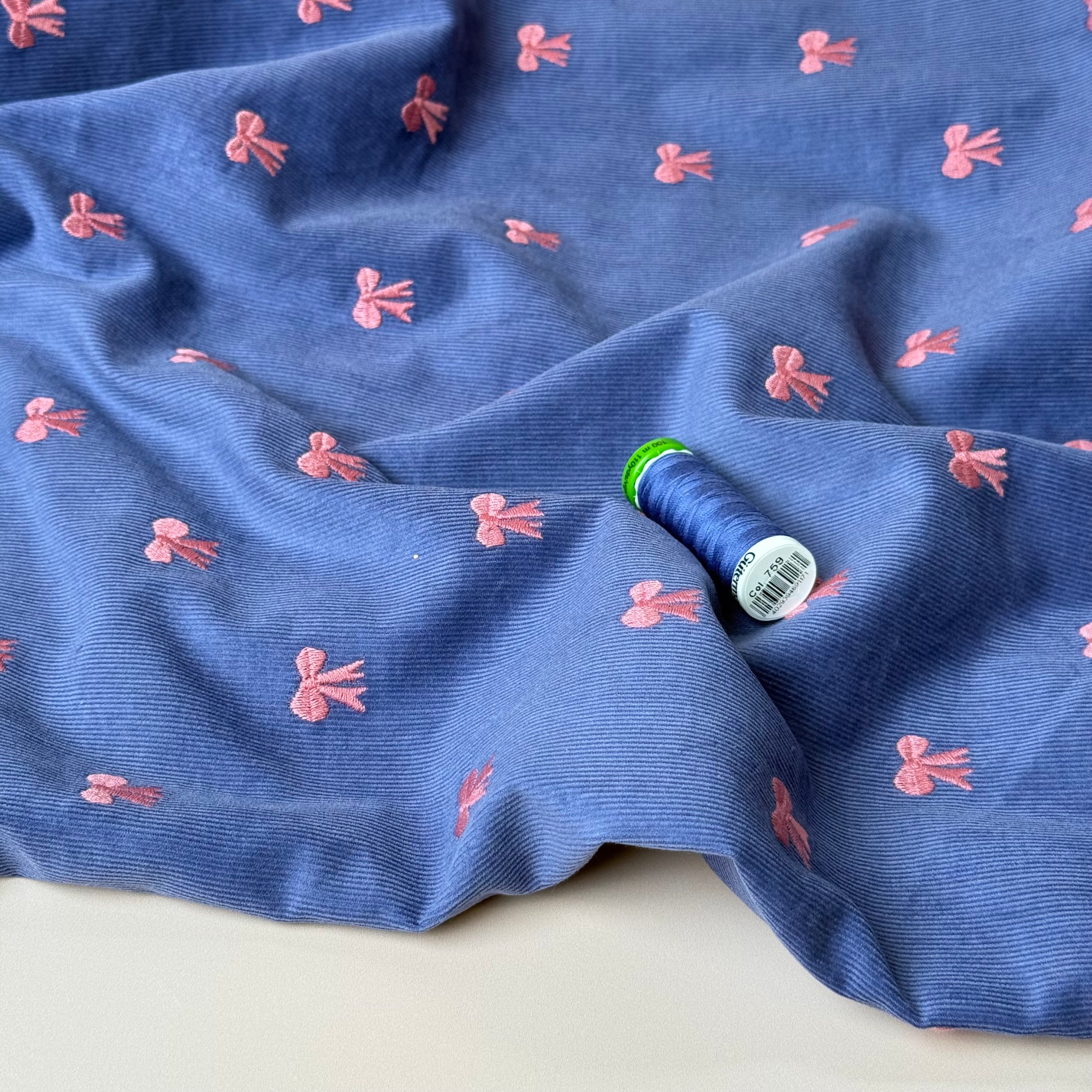 Embroidered Bows on Cornflower Blue Cotton Needlecord