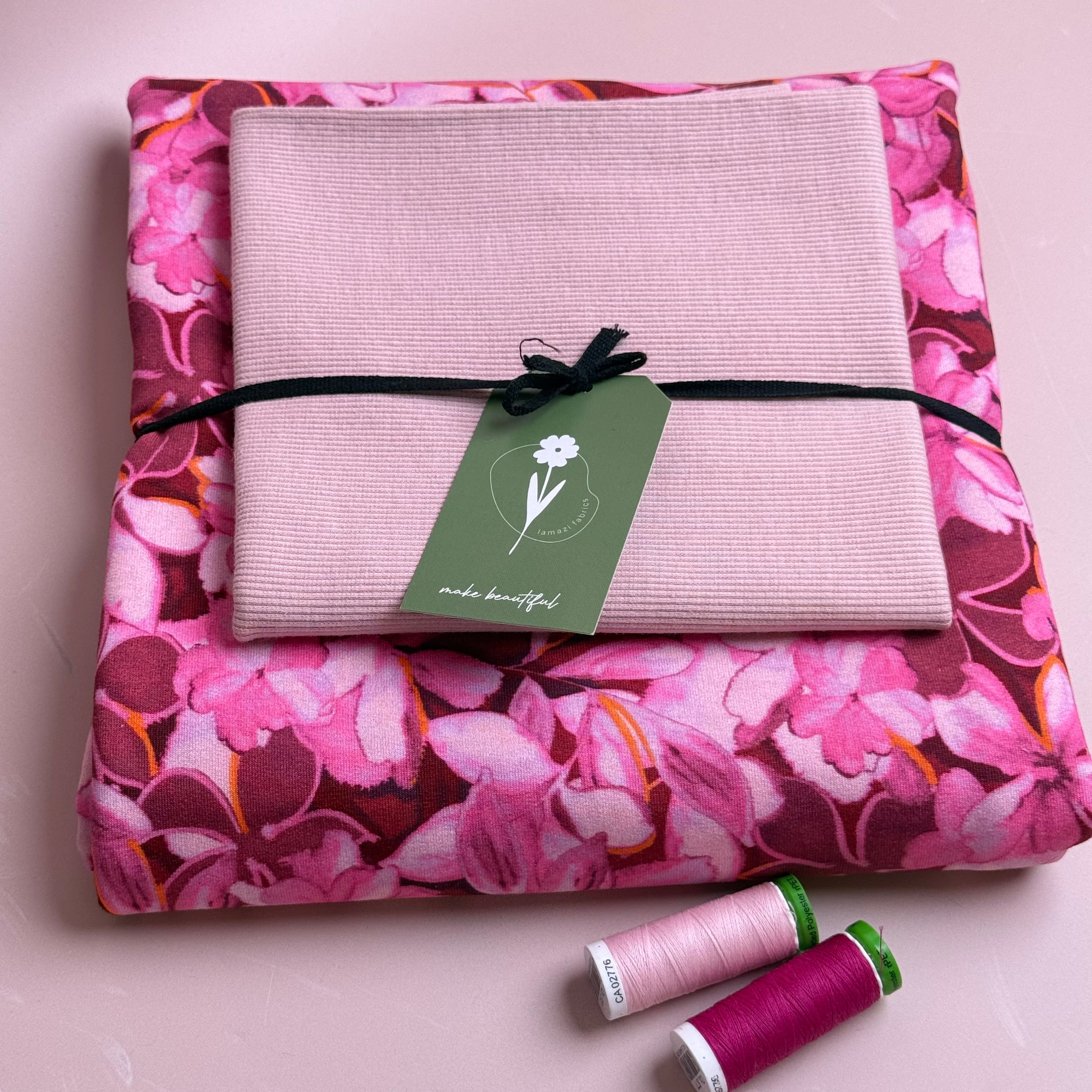 Colour Bundles - Painted Petals Red Cotton French Terry & Matching Ribbing