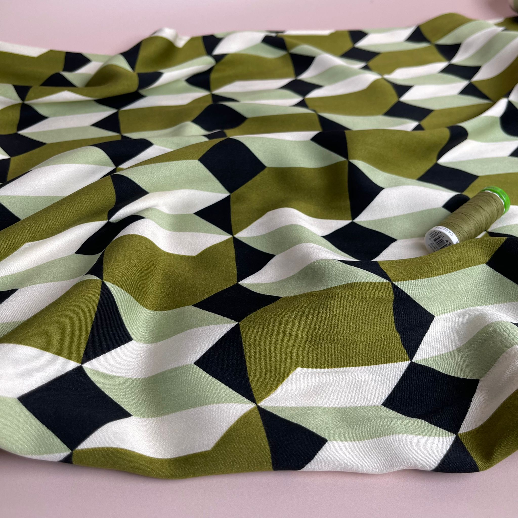 REMNANT 0.77 Metre - Abstract Shapes Olive Viscose Twill Sateen Fabric