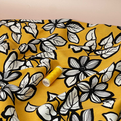Monochrome Flowers on Mustard Viscose Linen Fabric
