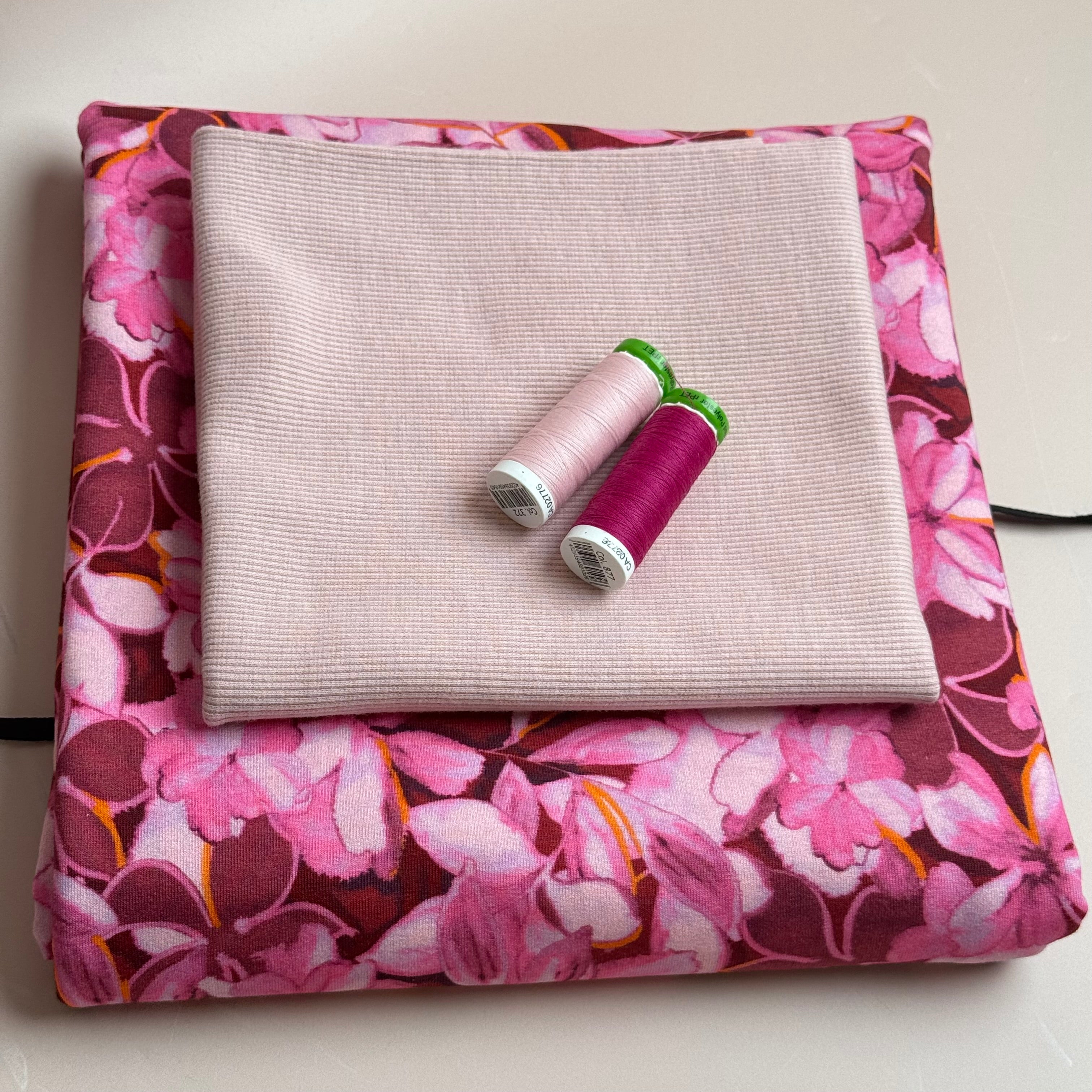Colour Bundles - Painted Petals Red Cotton French Terry & Matching Ribbing