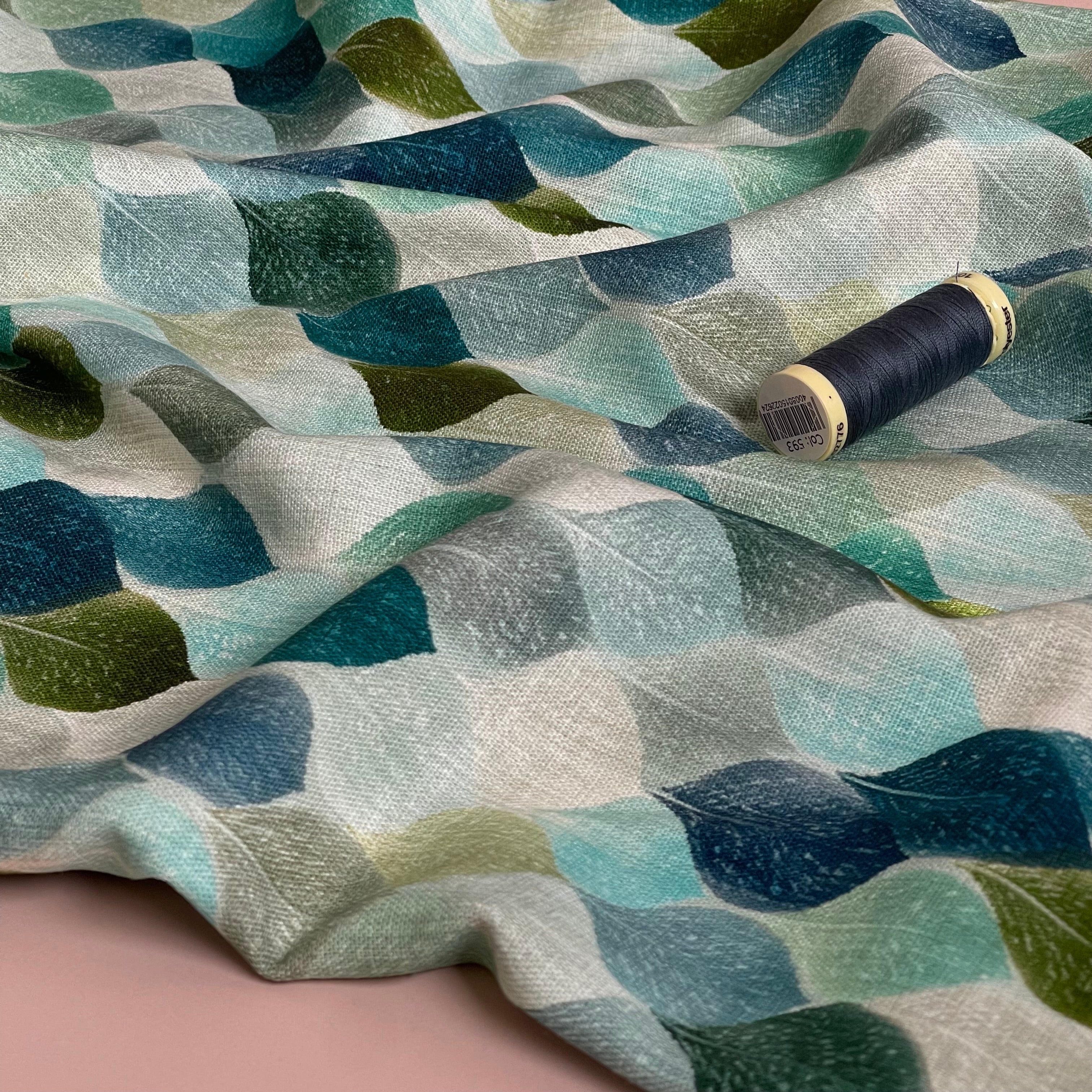 Green Leaves Viscose Linen Fabric