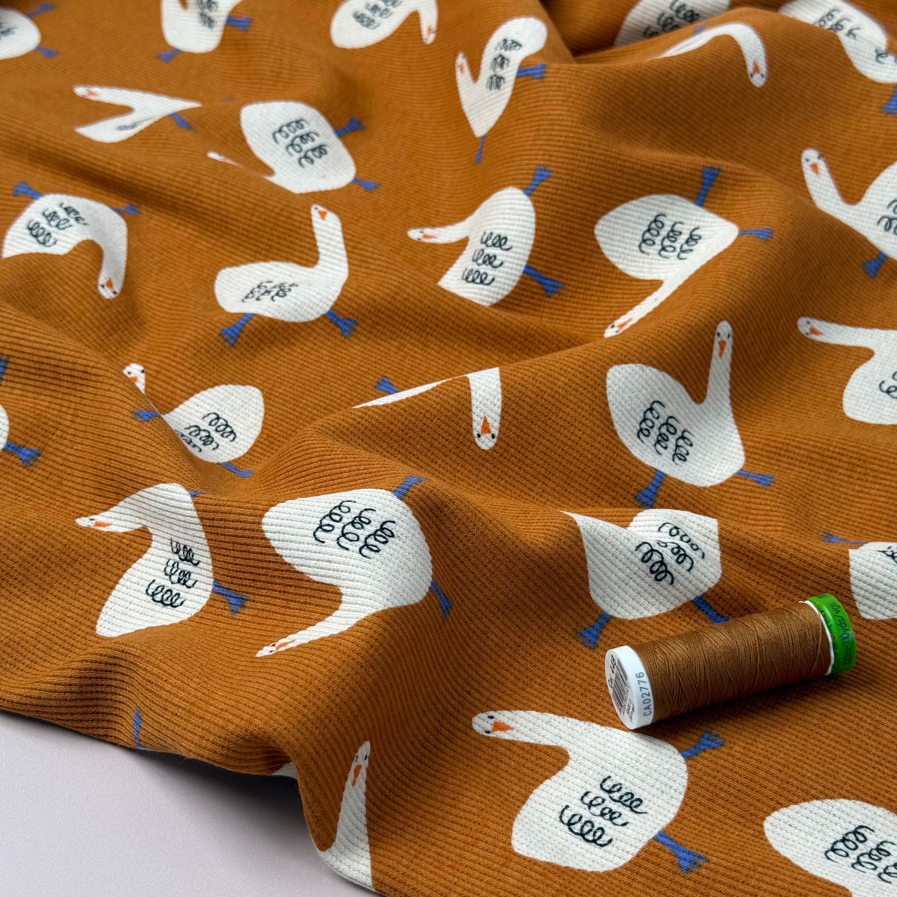 Geese on Ochre Organic GOTS Cotton Ribbed Jersey