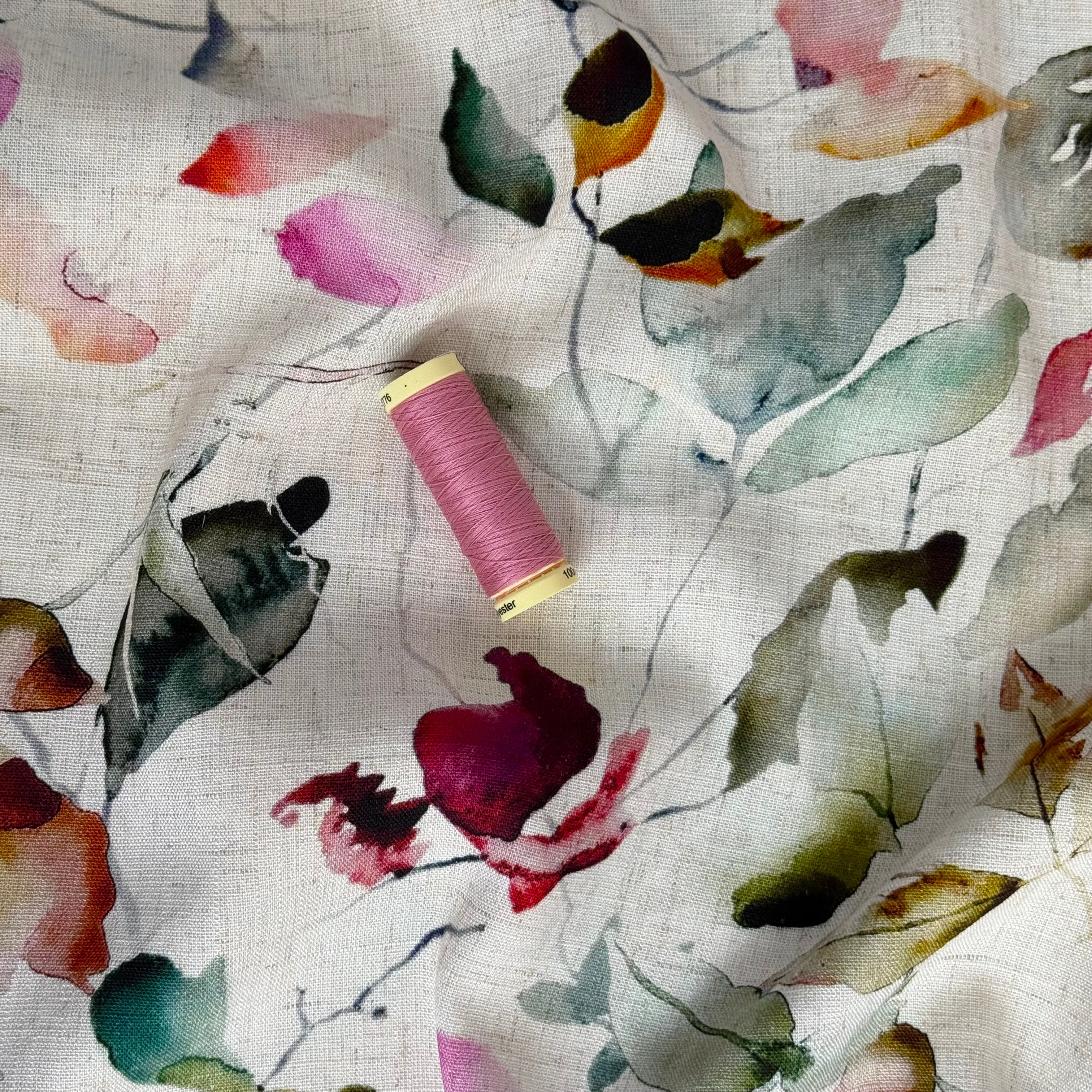 Watercolour Leaves Viscose Linen Fabric