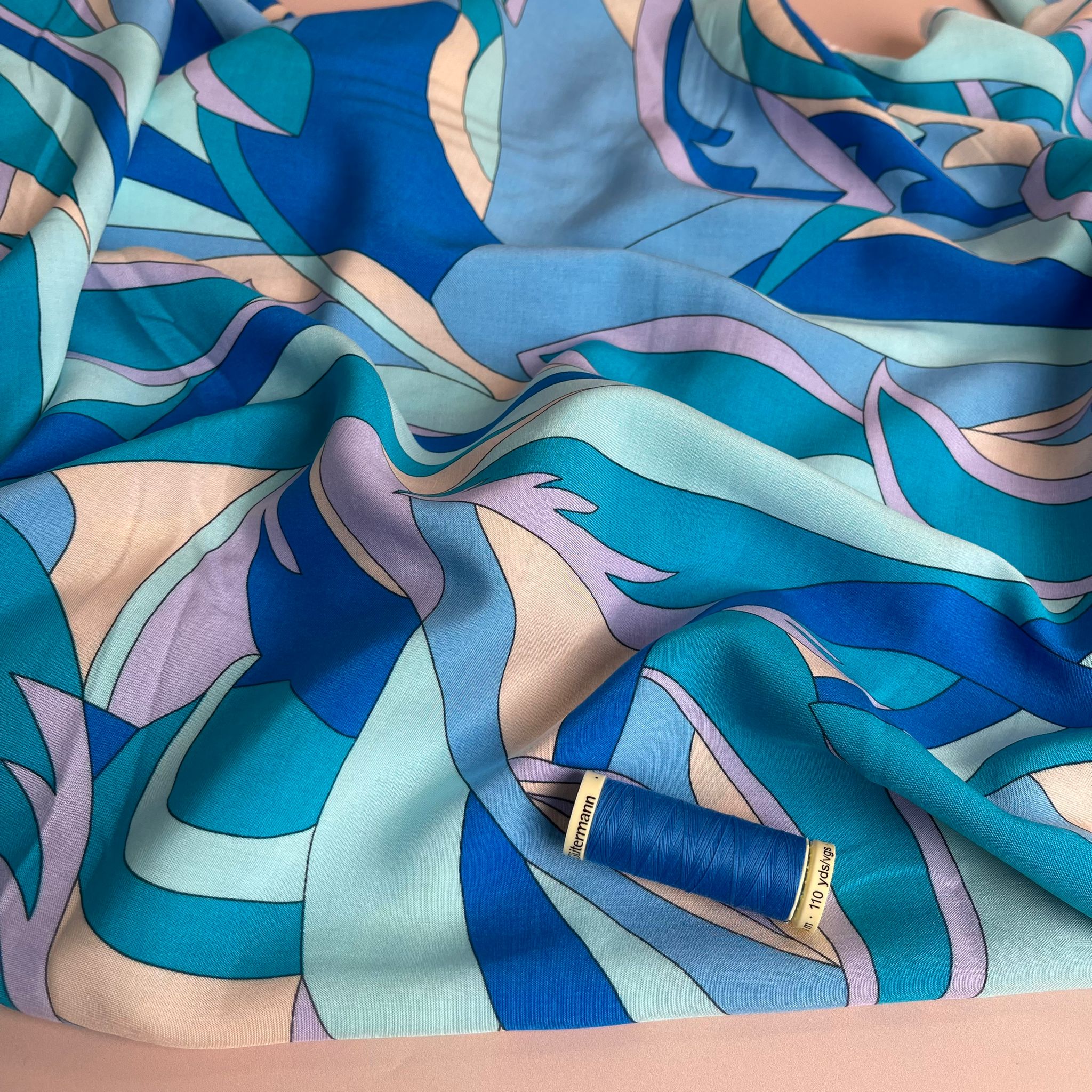 REMNANT 1 Metre - Abstract Ocean in Turquoise Viscose Poplin Fabric
