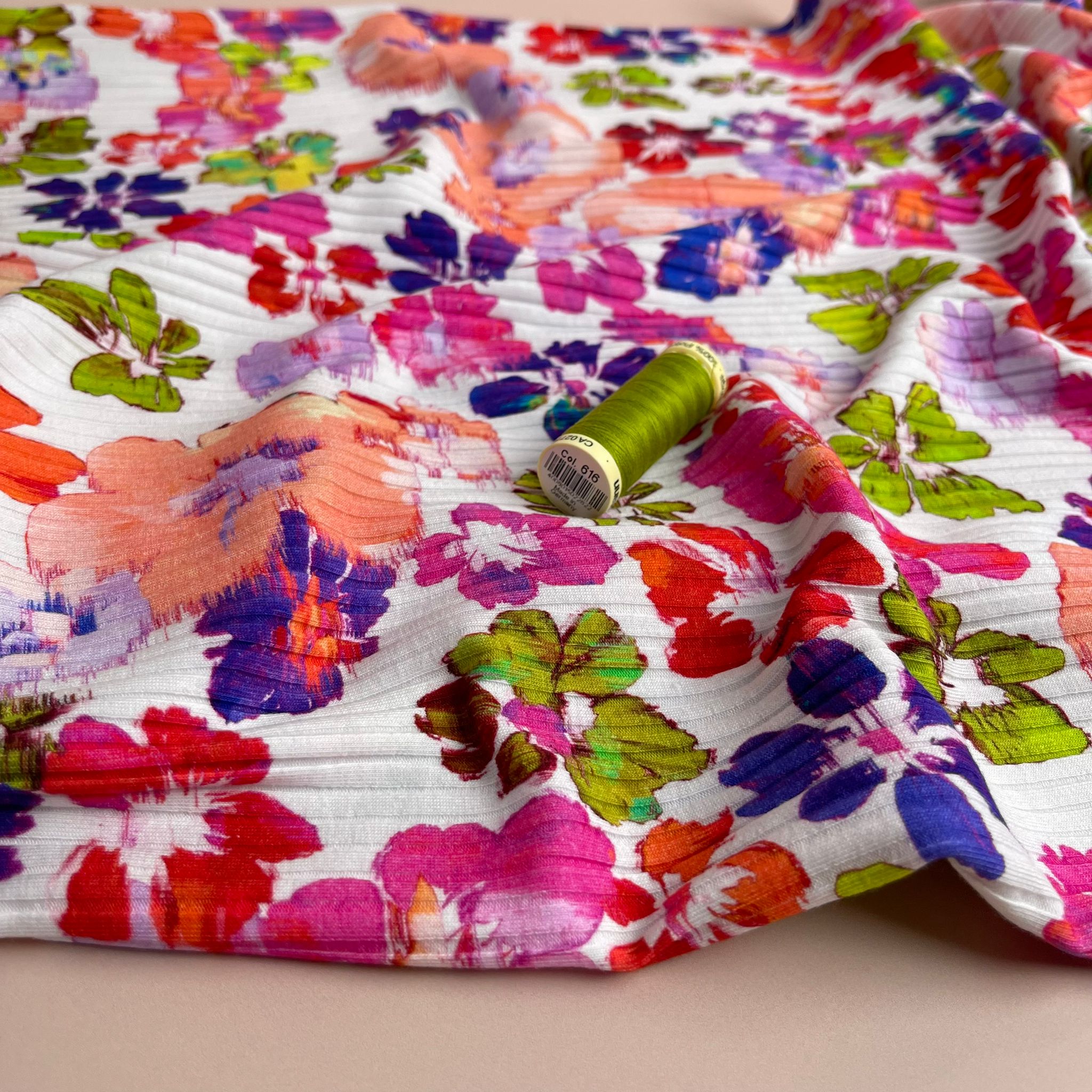 REMNANT 0.74 Metre - Spring Watercolour Flowers Cotton Ribbed Jersey