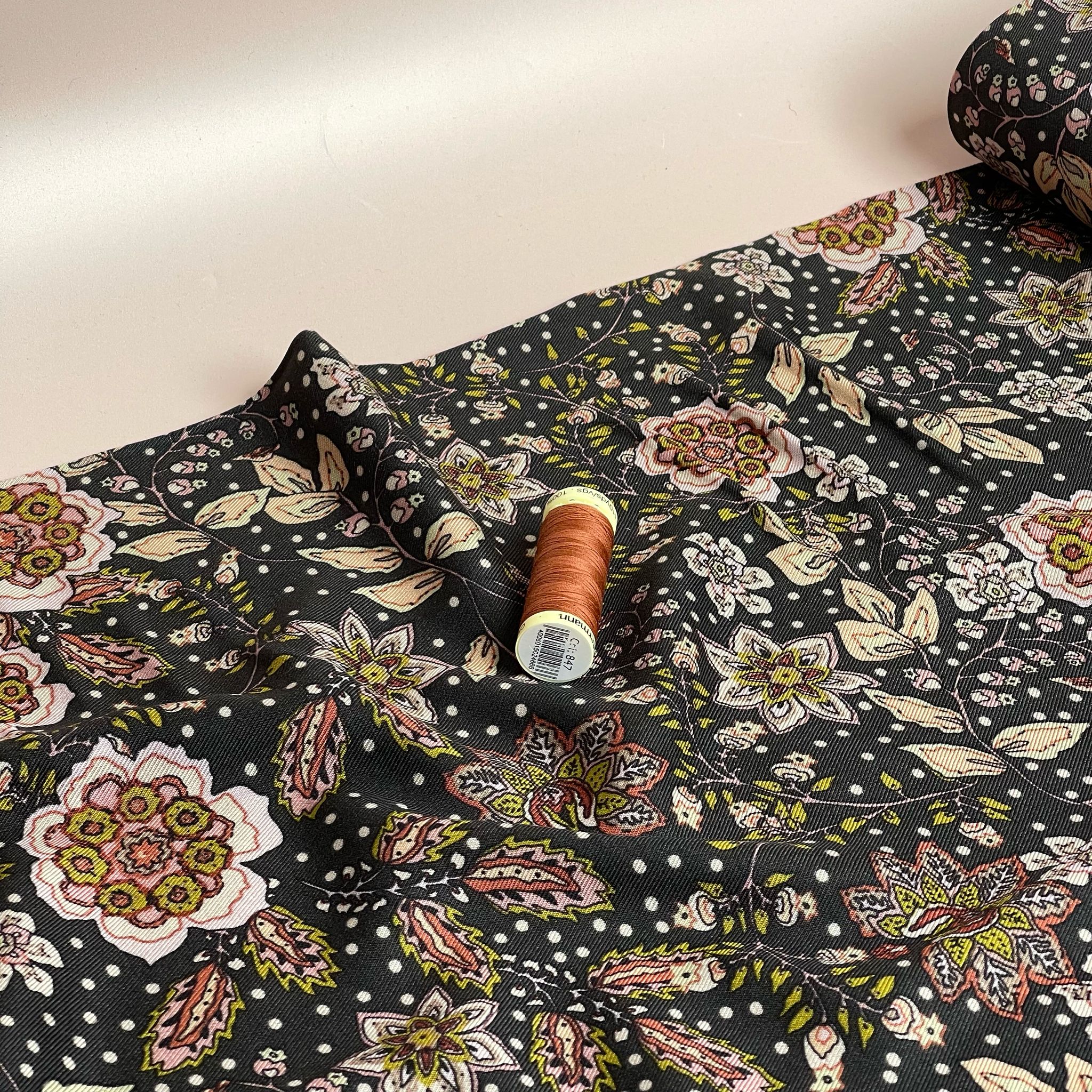 Autumn Paisley Flowers on Black Viscose Twill Fabric