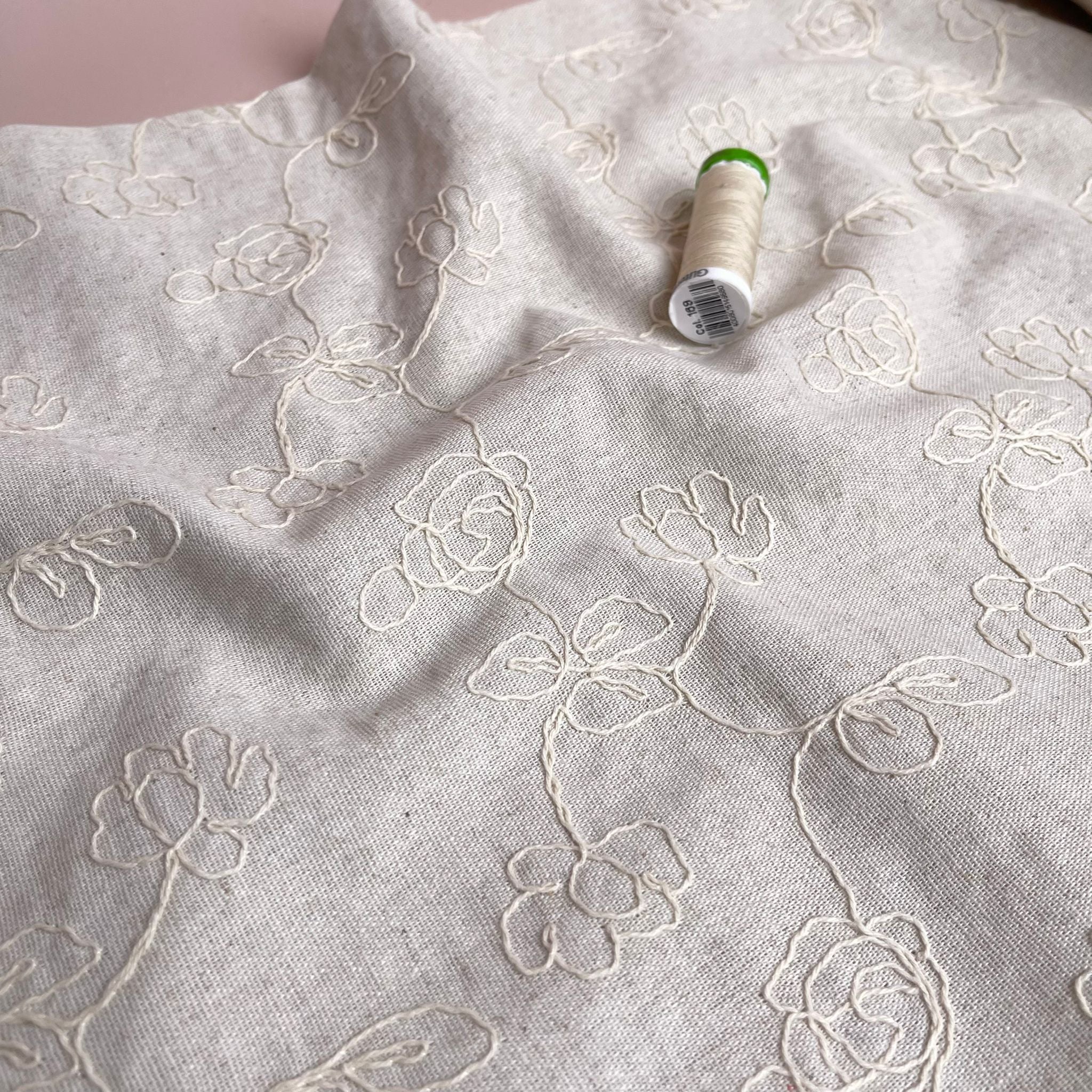 Embroidered Floral on Natural Viscose Linen Fabric