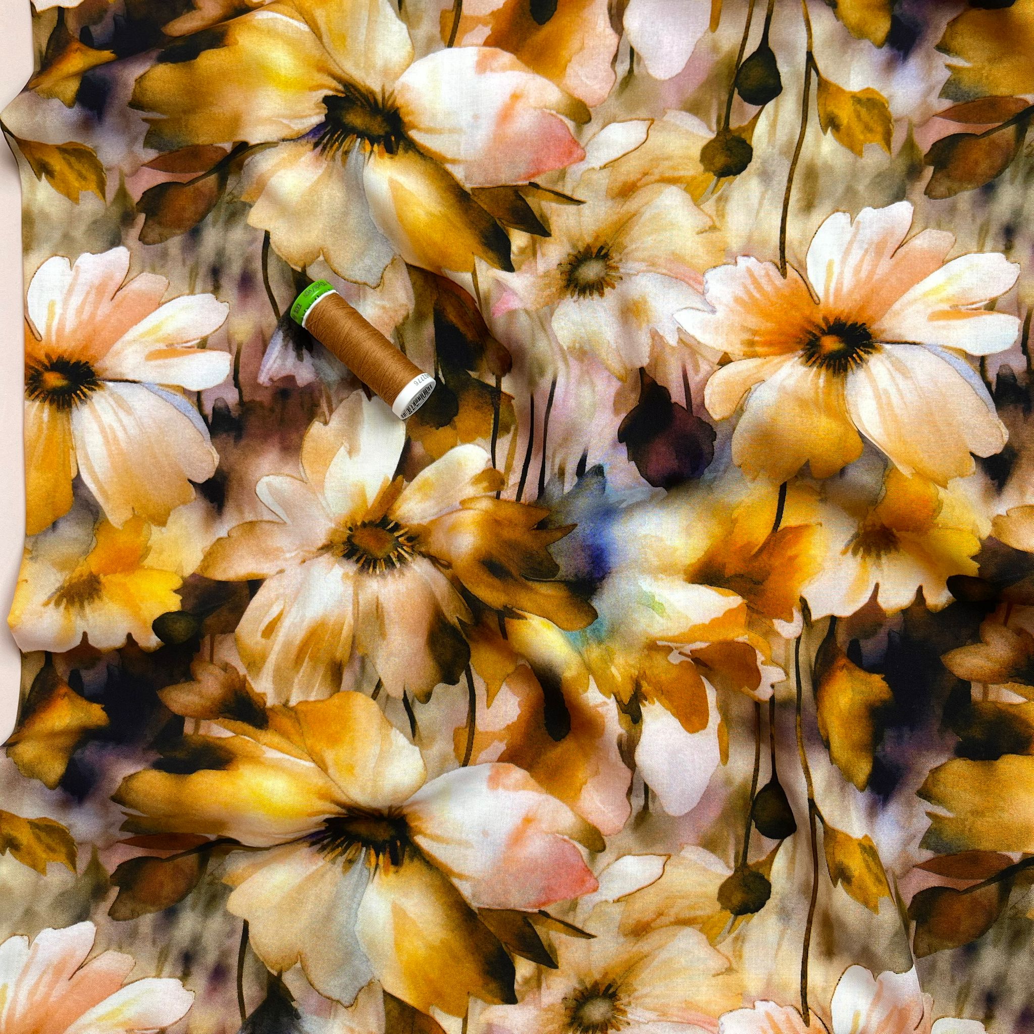 Sunrise Flowers in Brown Viscose Poplin Fabric