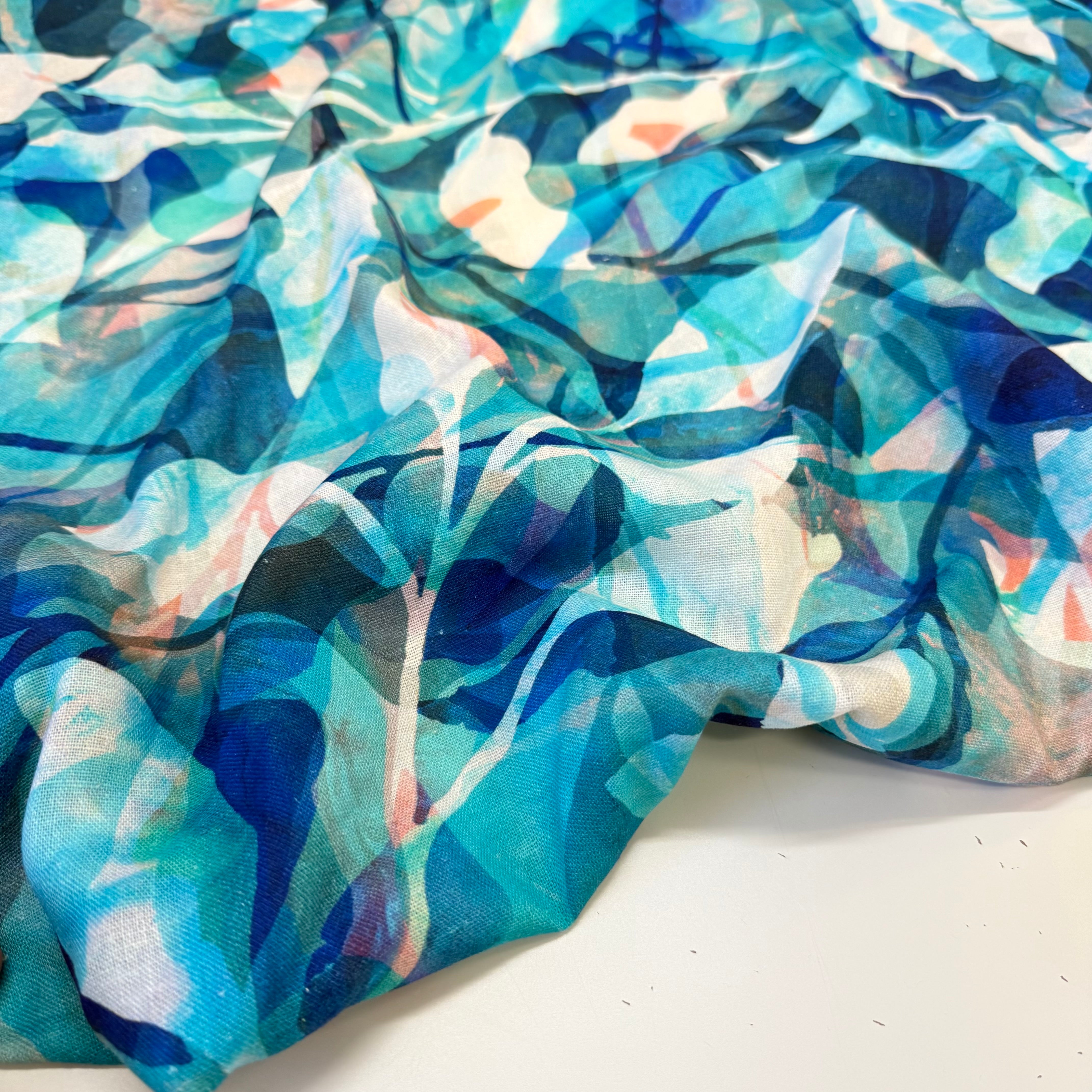 Painted Foliage Turquoise Linen Viscose Blend Fabric
