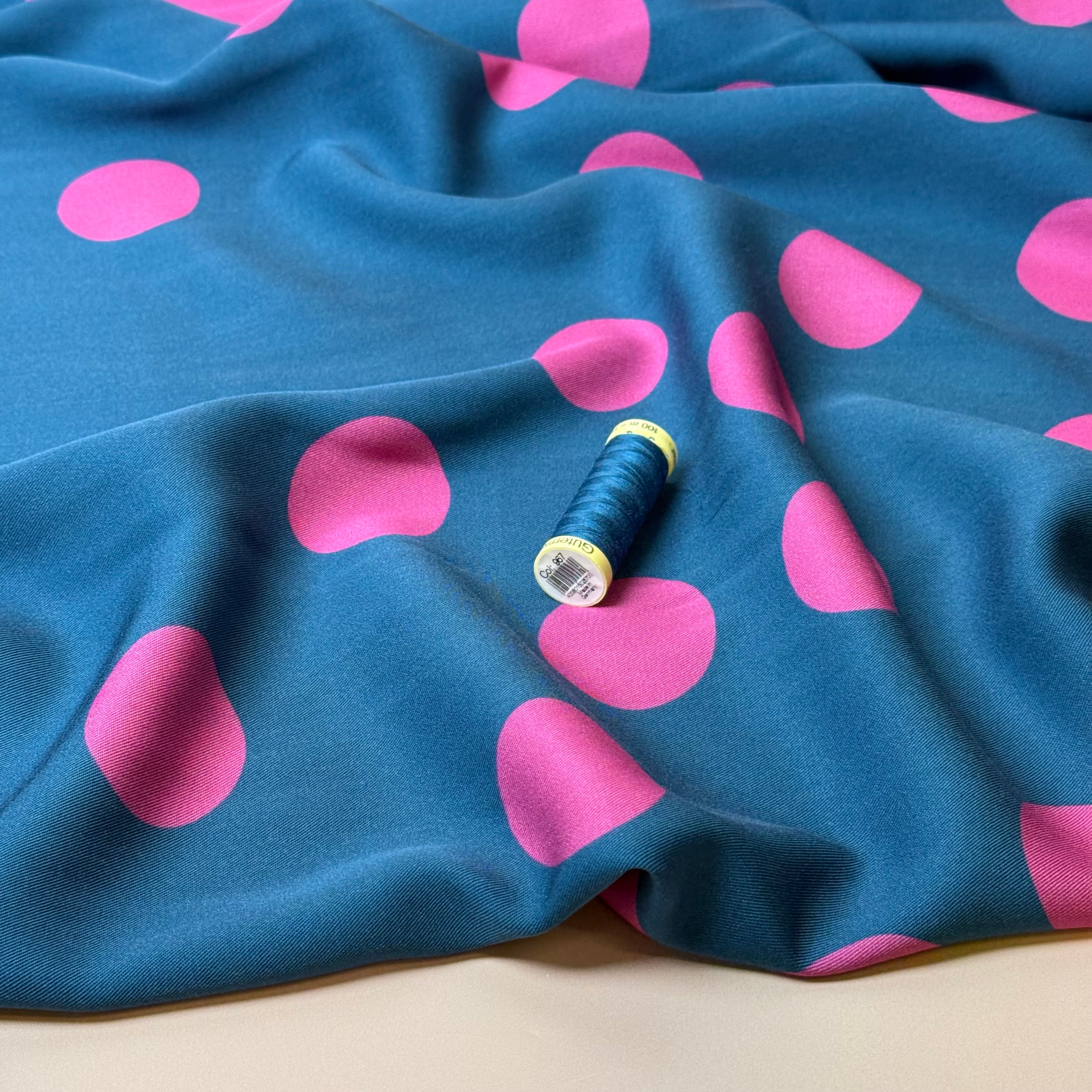 Light & Lush - Large Polka Dots in Pink on Blue Viscose Twill Fabric
