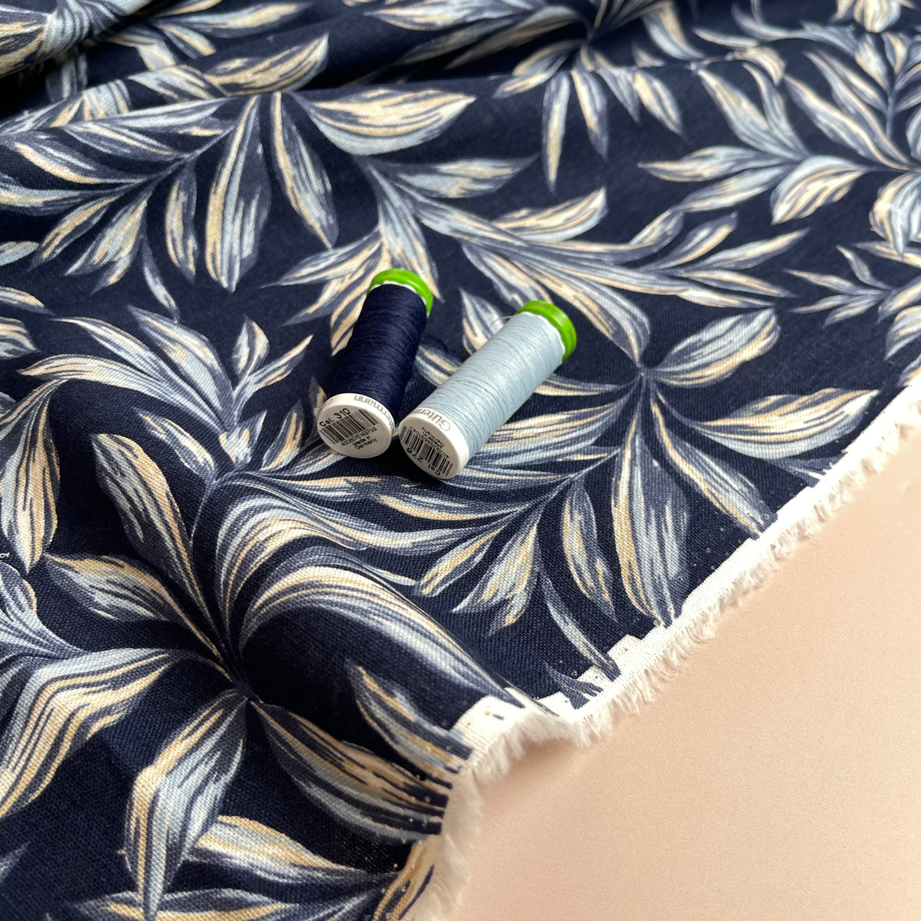 Leaves on Navy Washed Linen Viscose Blend Fabric