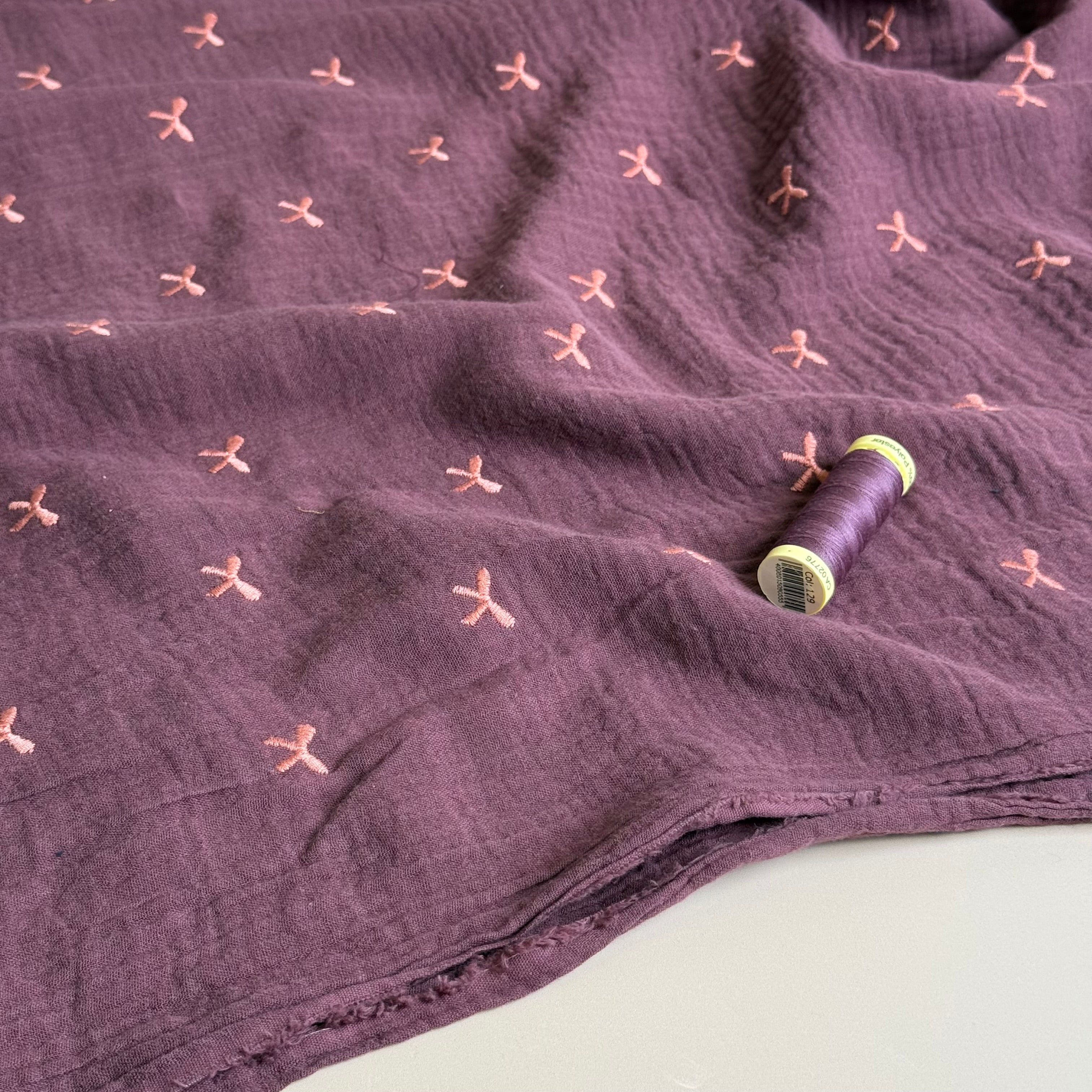Embroidered Pink Bows on Burgundy Cotton Double Gauze