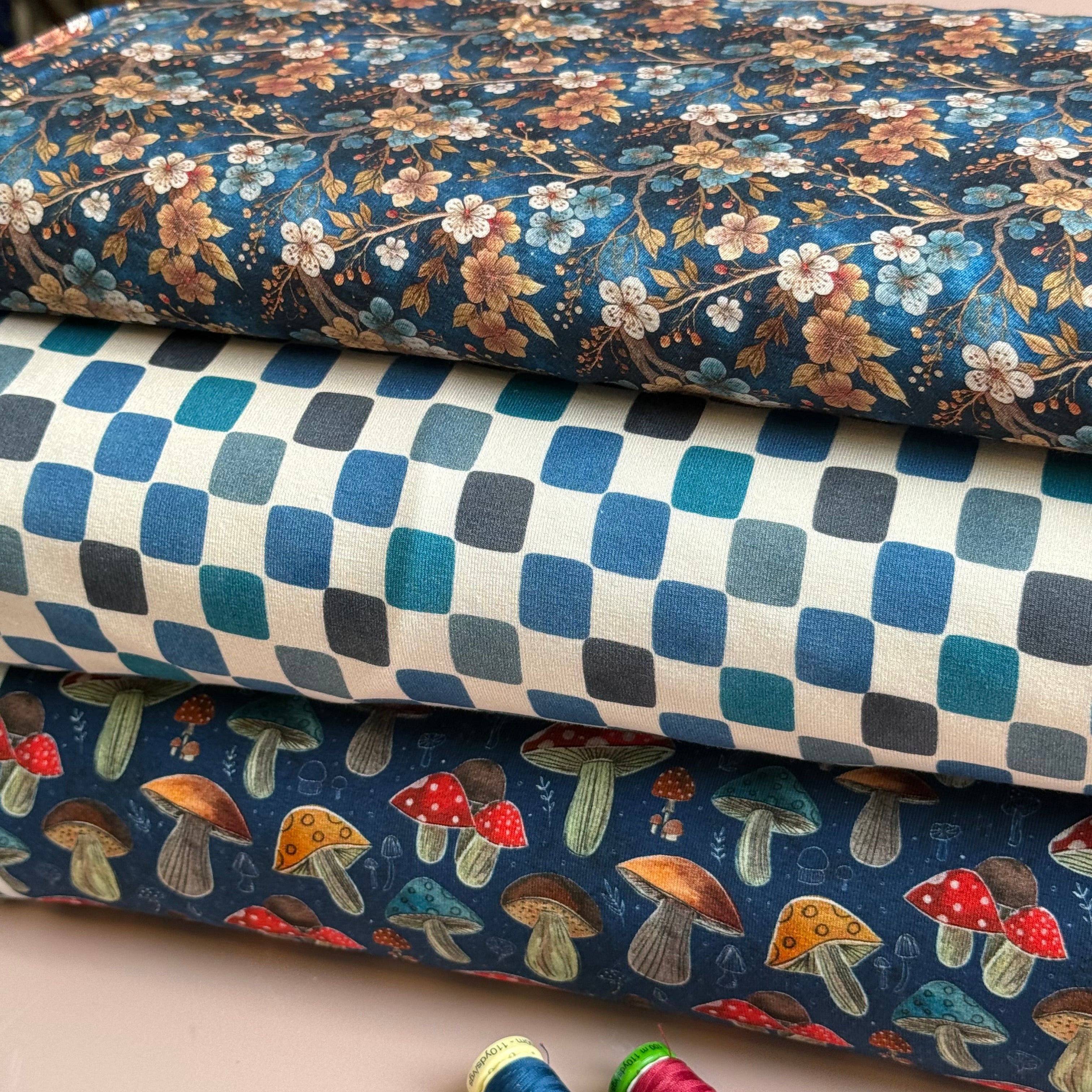 Checkers Blue Cotton Jersey Fabric
