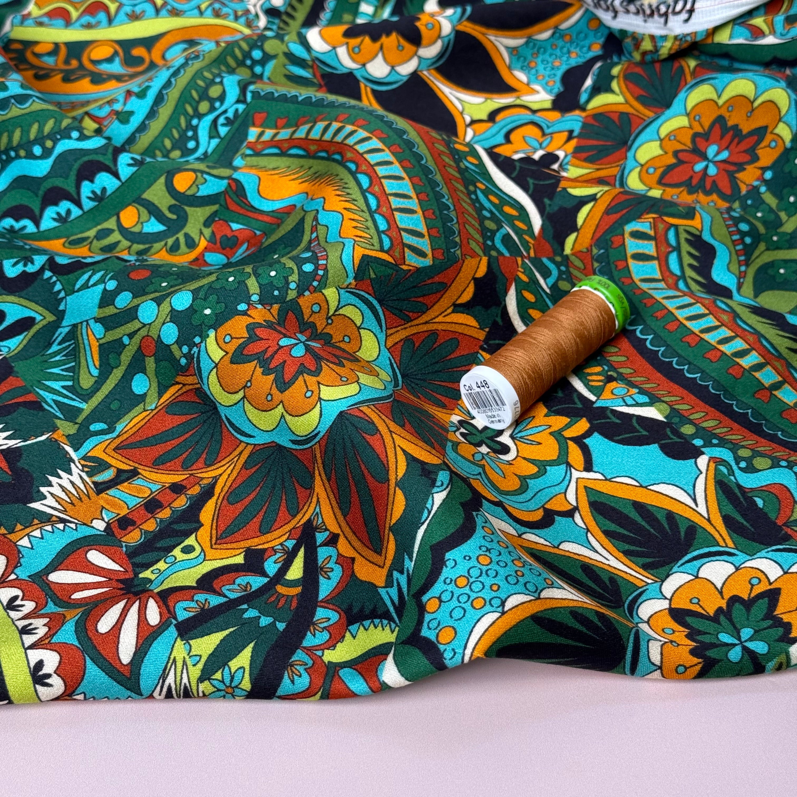 Magical Garden Forest Green Viscose Sateen Fabric