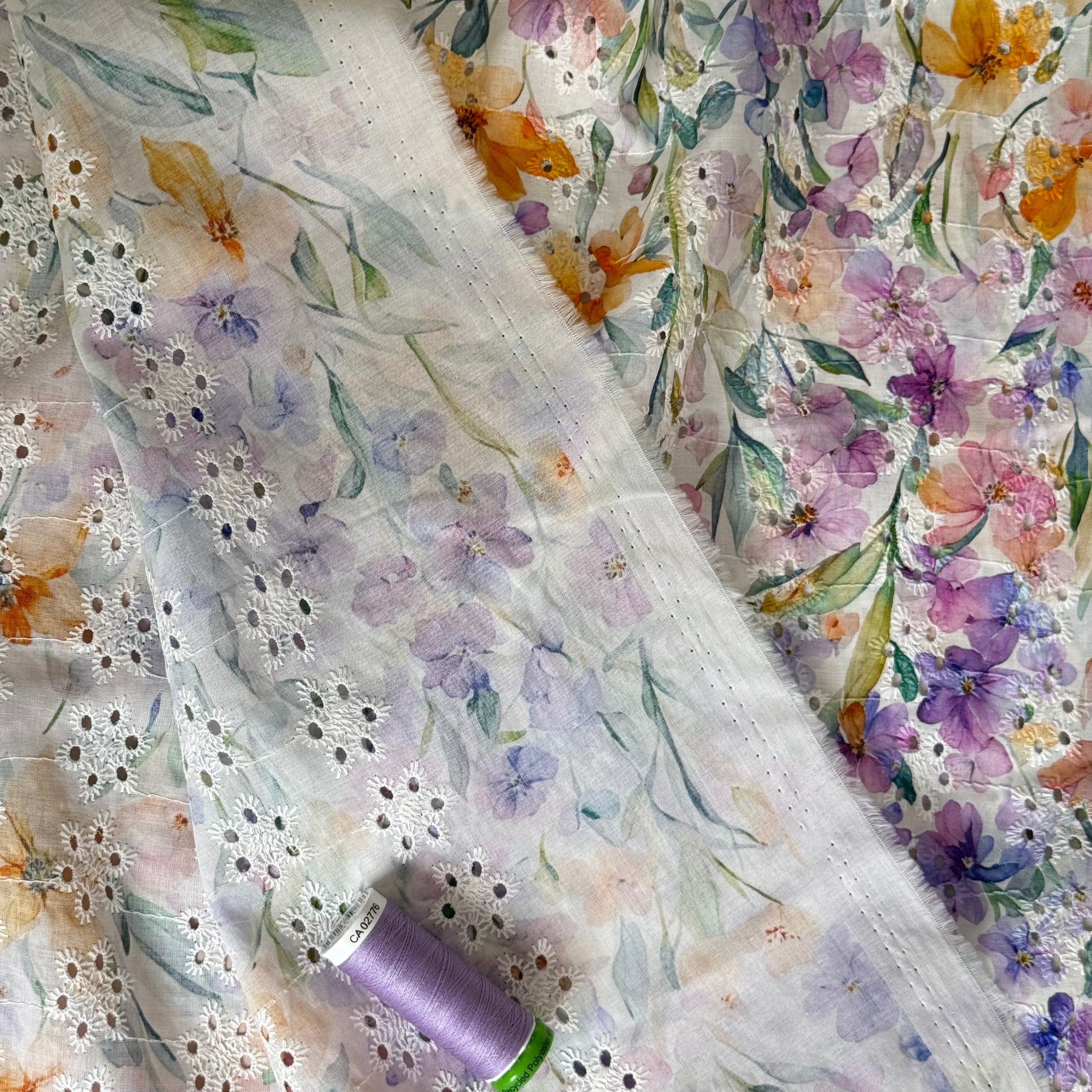 Lavender Field Flowers on Embroidered White Cotton Voile Fabric