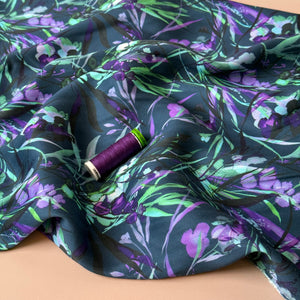 Autumn Foliage Petrol Blue Viscose Sateen Fabric